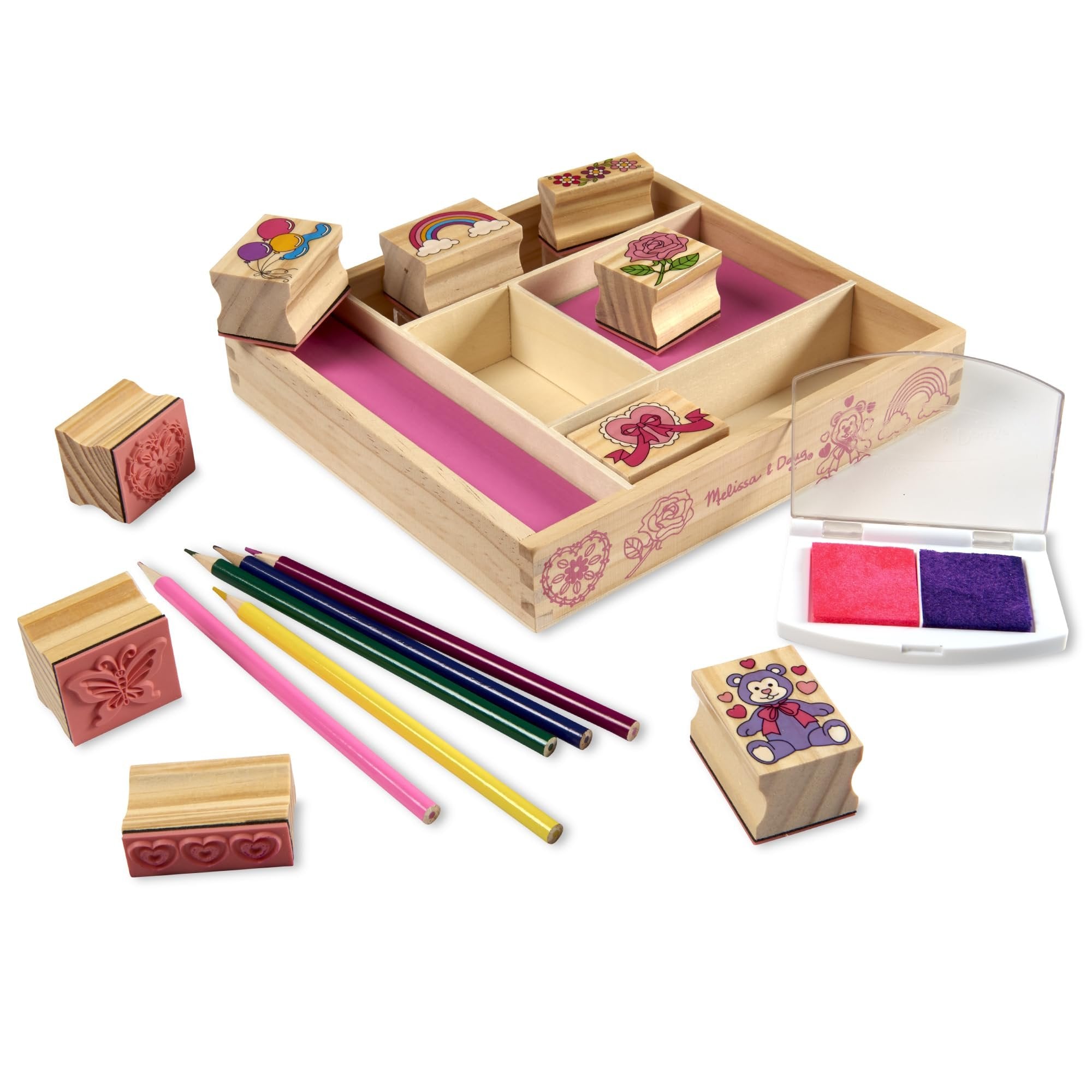 Melissa & Doug Wooden Stamp Set: Friendship - 9 Stamps, 5 Colored Pencils, and 2-Color Stamp Pad - FSC Certified