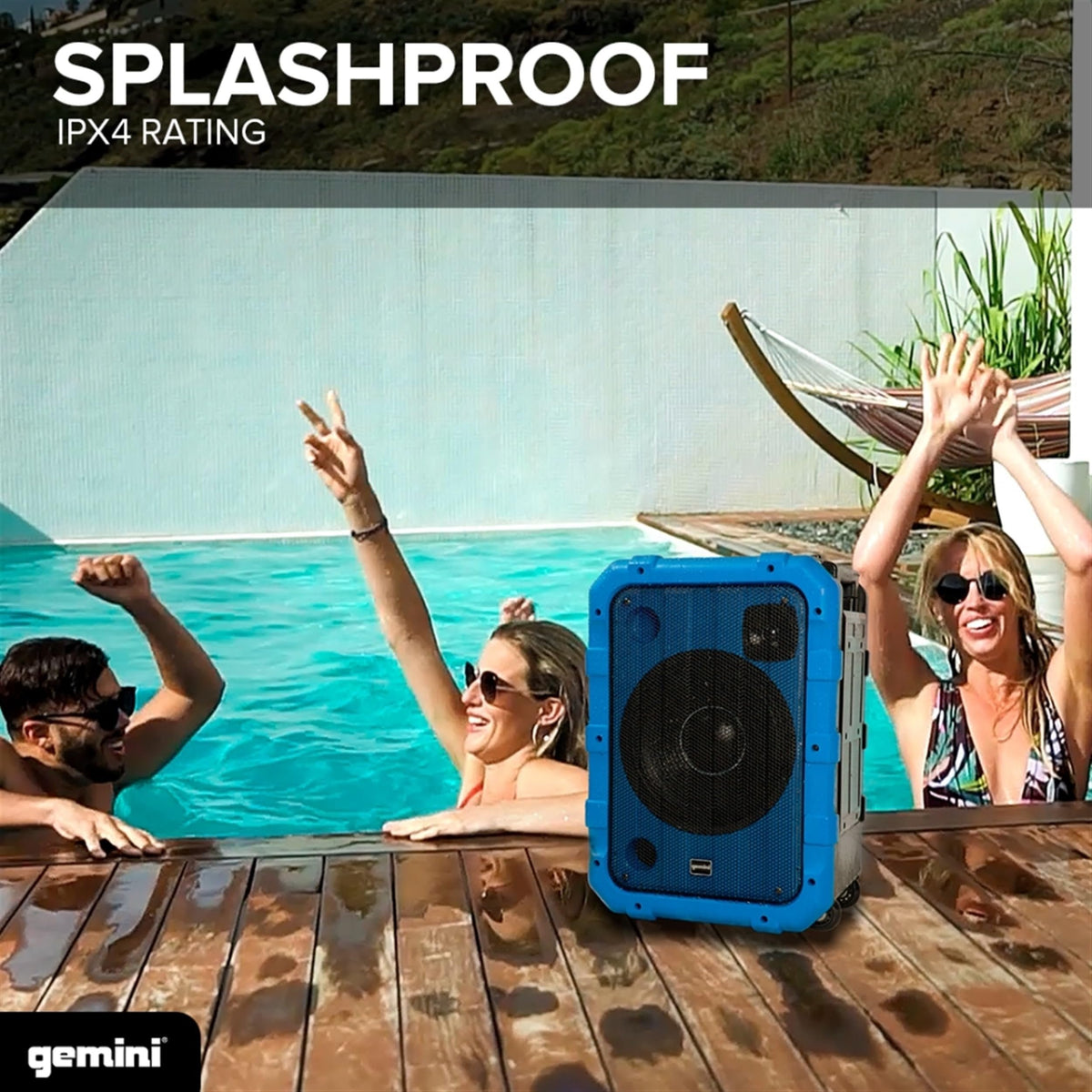 Gemini Sound MPA-2400 Blue 240W Wireless Portable Bluetooth Party Speaker, IPX4 Waterproof, LED Lights, 10” Woofer, Mic/Guitar Inputs, Trolley & Wheels - Perfect for Outdoor Beach Tailgate Parties