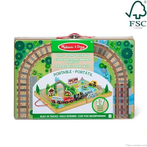 Melissa & Doug 17-Piece Wooden Take-Along Tabletop Railroad, 3 Trains, Truck, Play Pieces, Bridge - FSC Certified