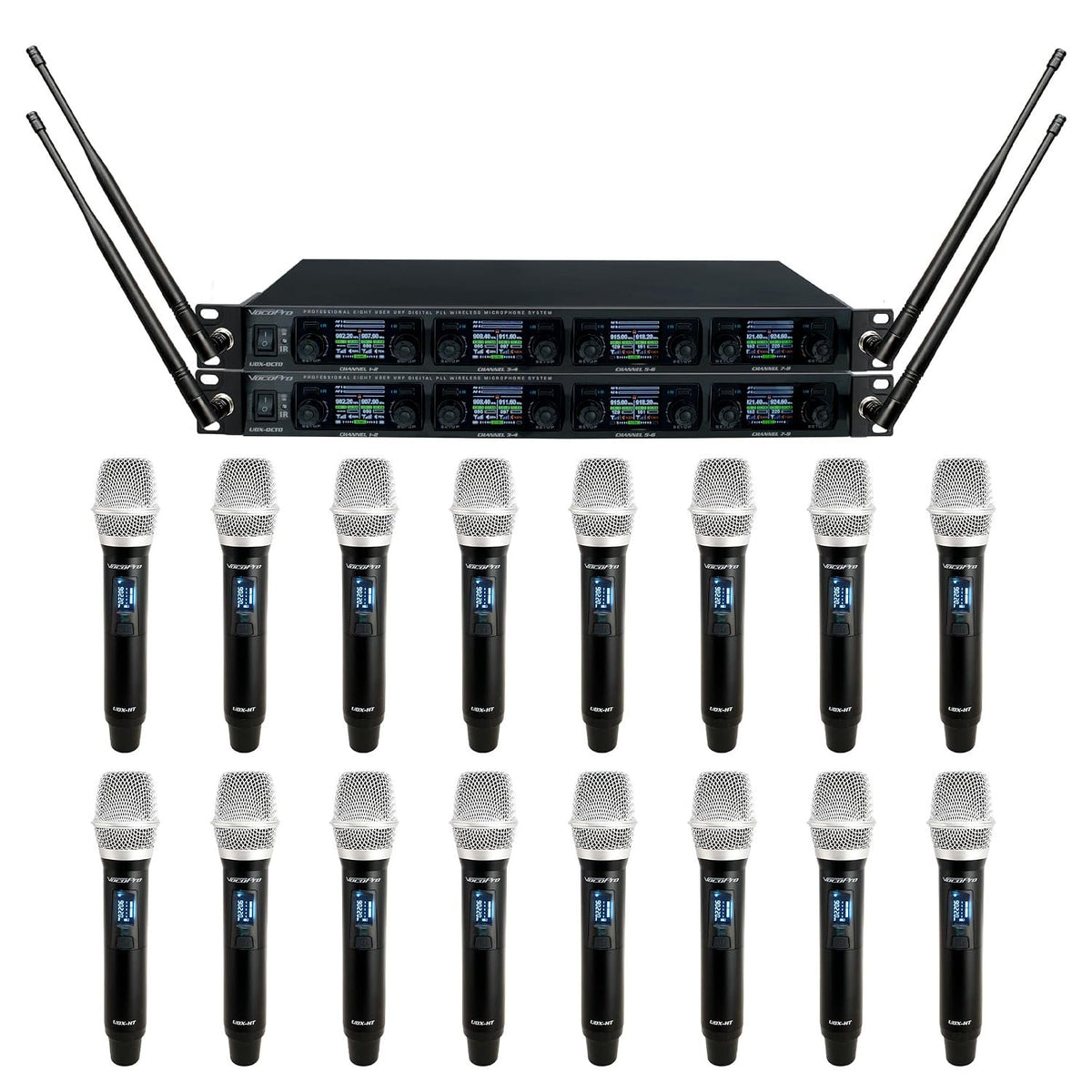 VocoPro UDX-ACAPELLA-16 Professional Digital UHF PLL Wireless Mic System with Sixteen Handheld Vocal Microphones