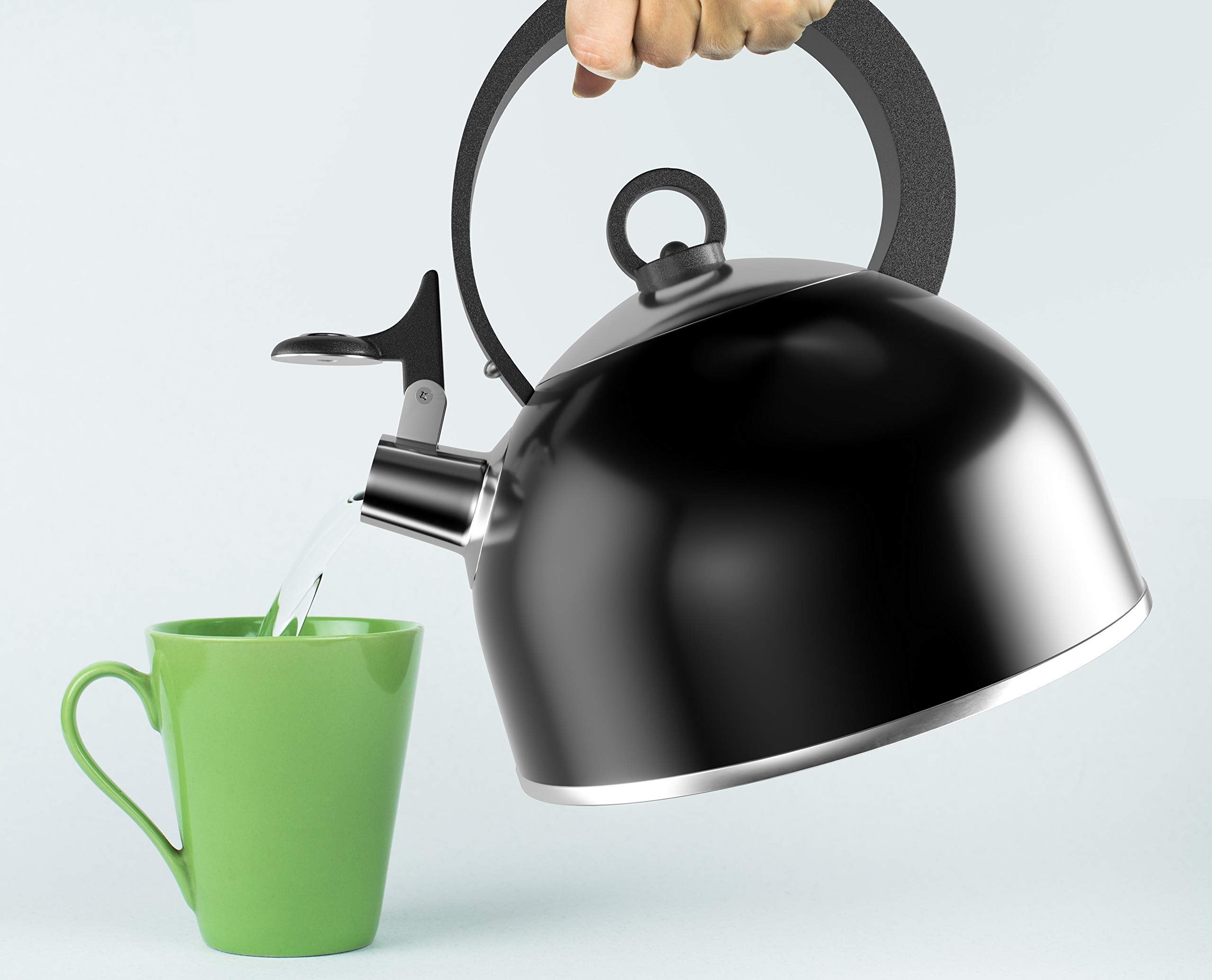 Godinger Studio Hot Water Tea Kettle, Stainless Steel Tea Pot with Whistle, Stovetop Teakettle - 2.5L, Black