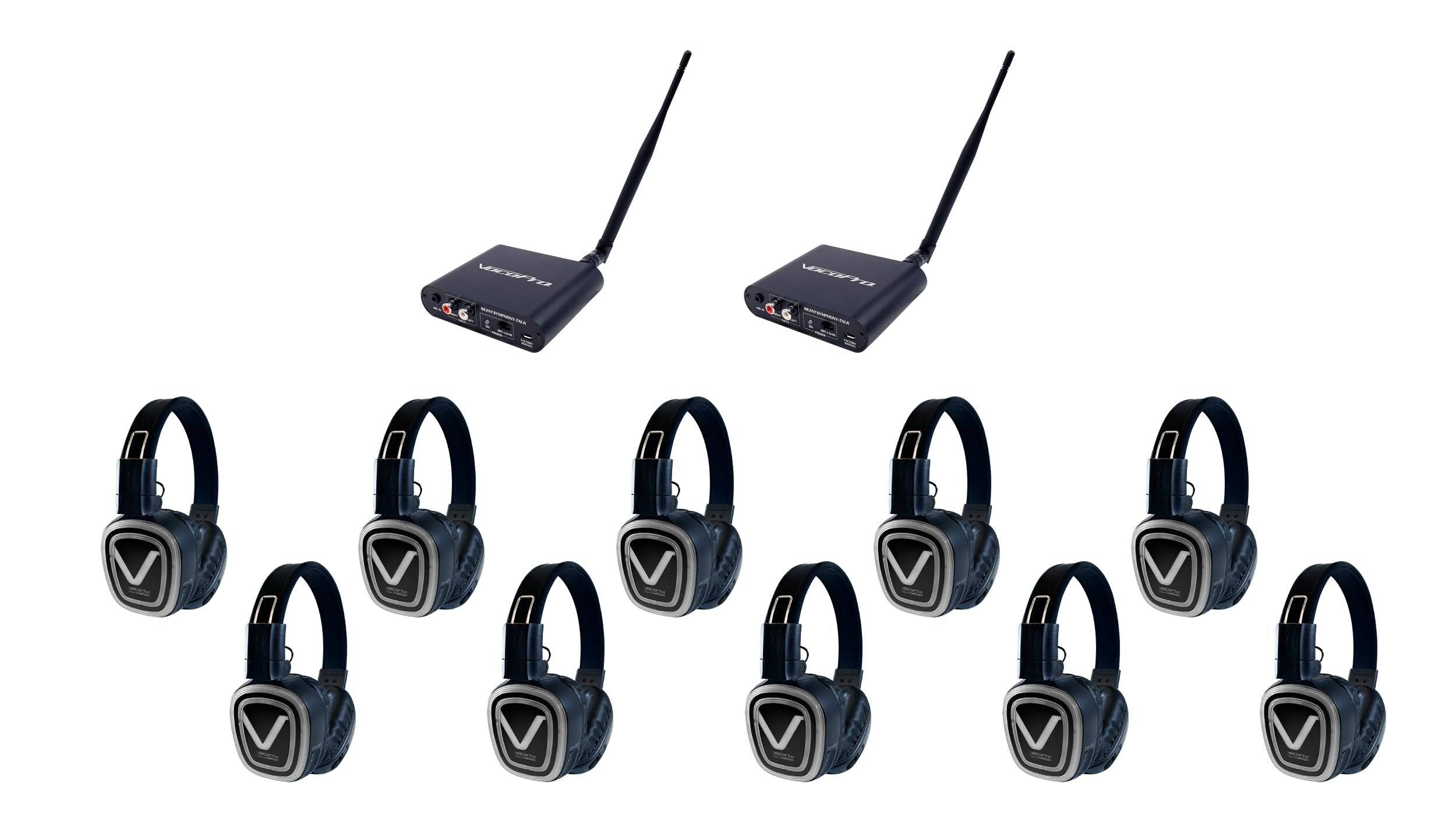 VocoPro SILENT-DISCO-PRO-210 PRO Long-Range Silent Disco/Event Package with Two Transmitters and Ten Headphone Over Ear Receivers