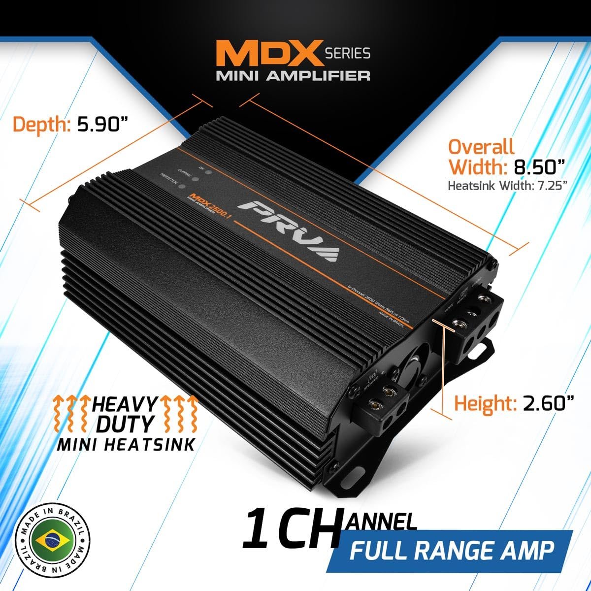 PRV Audio MDX2500.1 1 Ohm Mini Car Audio Amplifier 1 Channel 2600 Watts RMS Ultra Compact Full Range Monoblock Class D Amp for Powersports, Motorcycles, ATV, for High Power Loudspeaker Systems