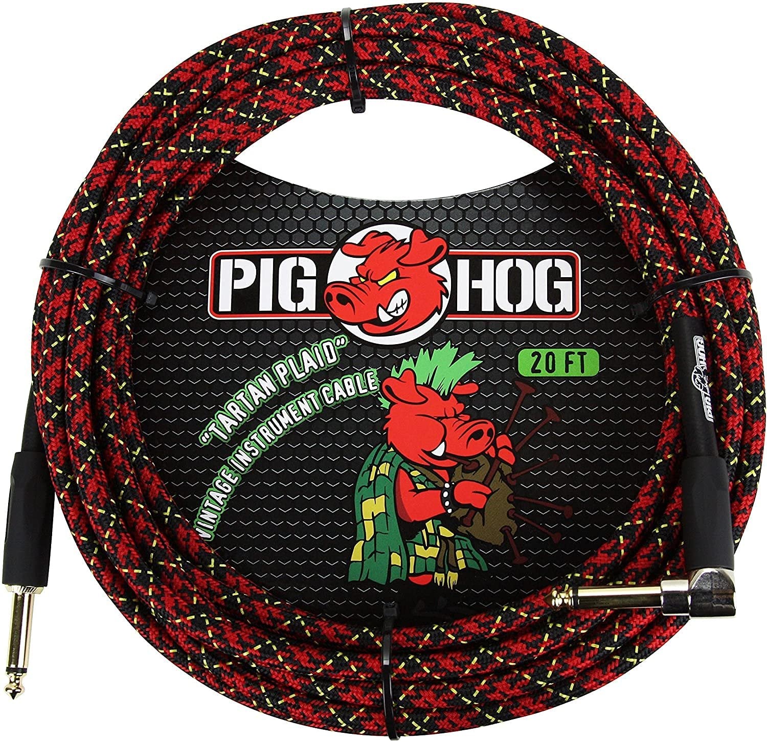 Pig Hog PCH20PLR Right-Angle 1/4" to 1/4" Tartan Plaid Guitar Instrument Cable, 20 Feet