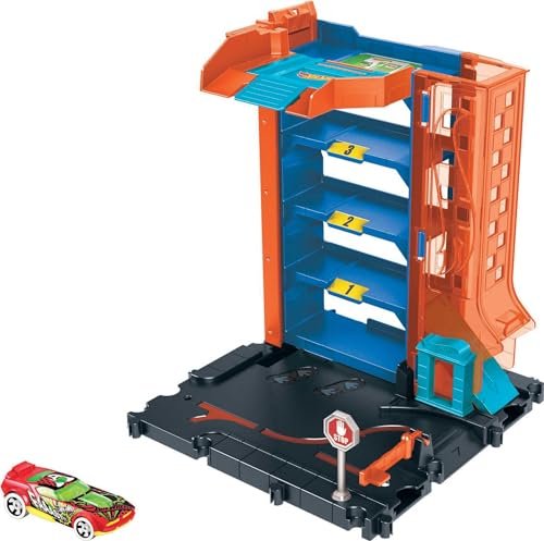 Hot Wheels City Toy Car Track Set, Downtown Car Park Playset with 1:64 Scale Vehicle, 4 Levels, Working Lift & Exit Chute
