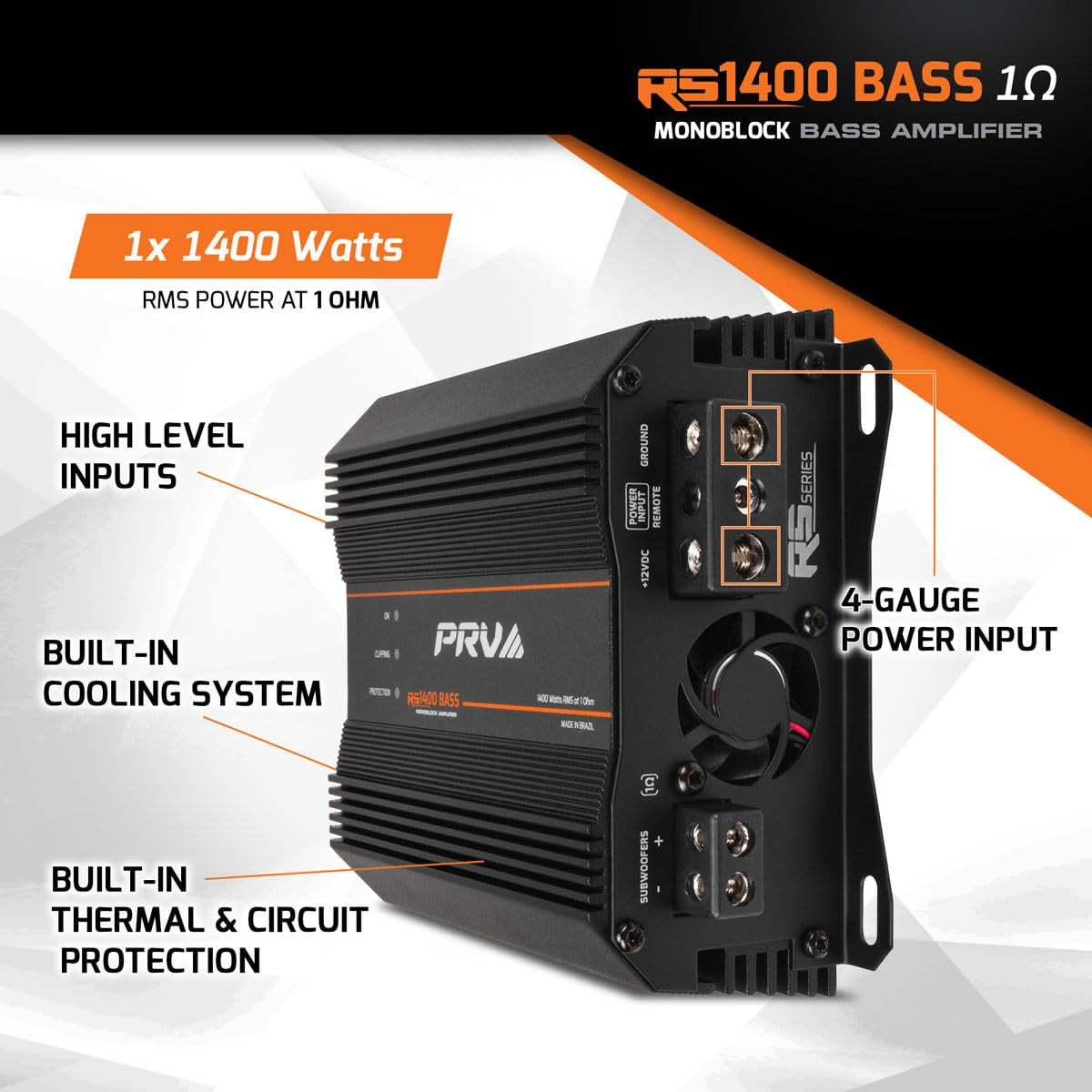PRV Audio 1400 Watts Monoblock Class D Subwoofer Amplifier RS1400 BASS 1 Ohm – 12 Volts Car Amp, Built-in Crossover, Bass Boost, Smart Fans with Remote Sub Level Control Bass Knob Included
