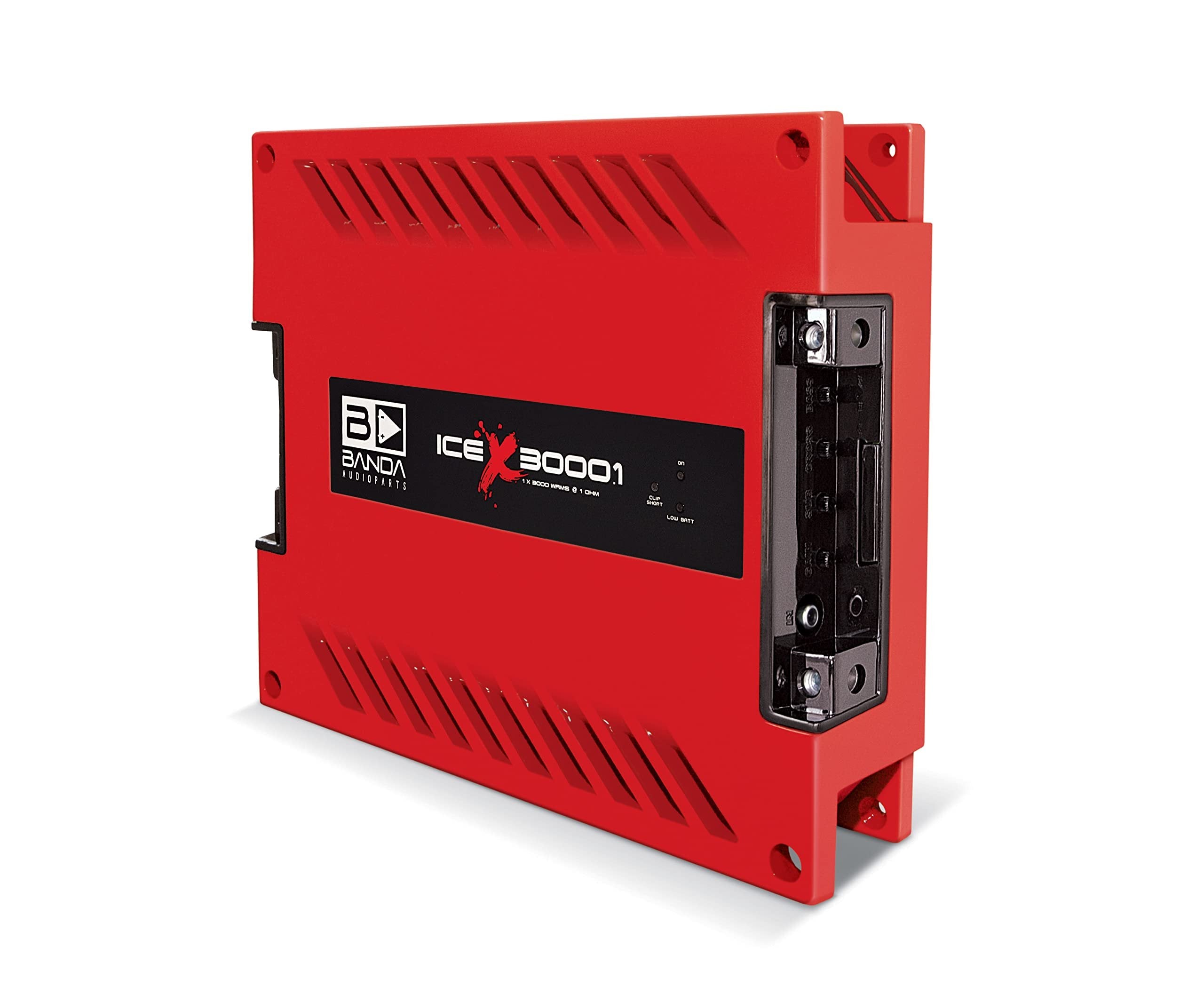 1-Ch.Vehicle Audio Bass Amplifier - 3000WRMS High-Powered Mono Bass Amp w/Subsonic Filter and Low Pass Filter Stable at 1 ohm, LED Indicators, Sound Specialization, Red - BANDA ICEX3000.1RED