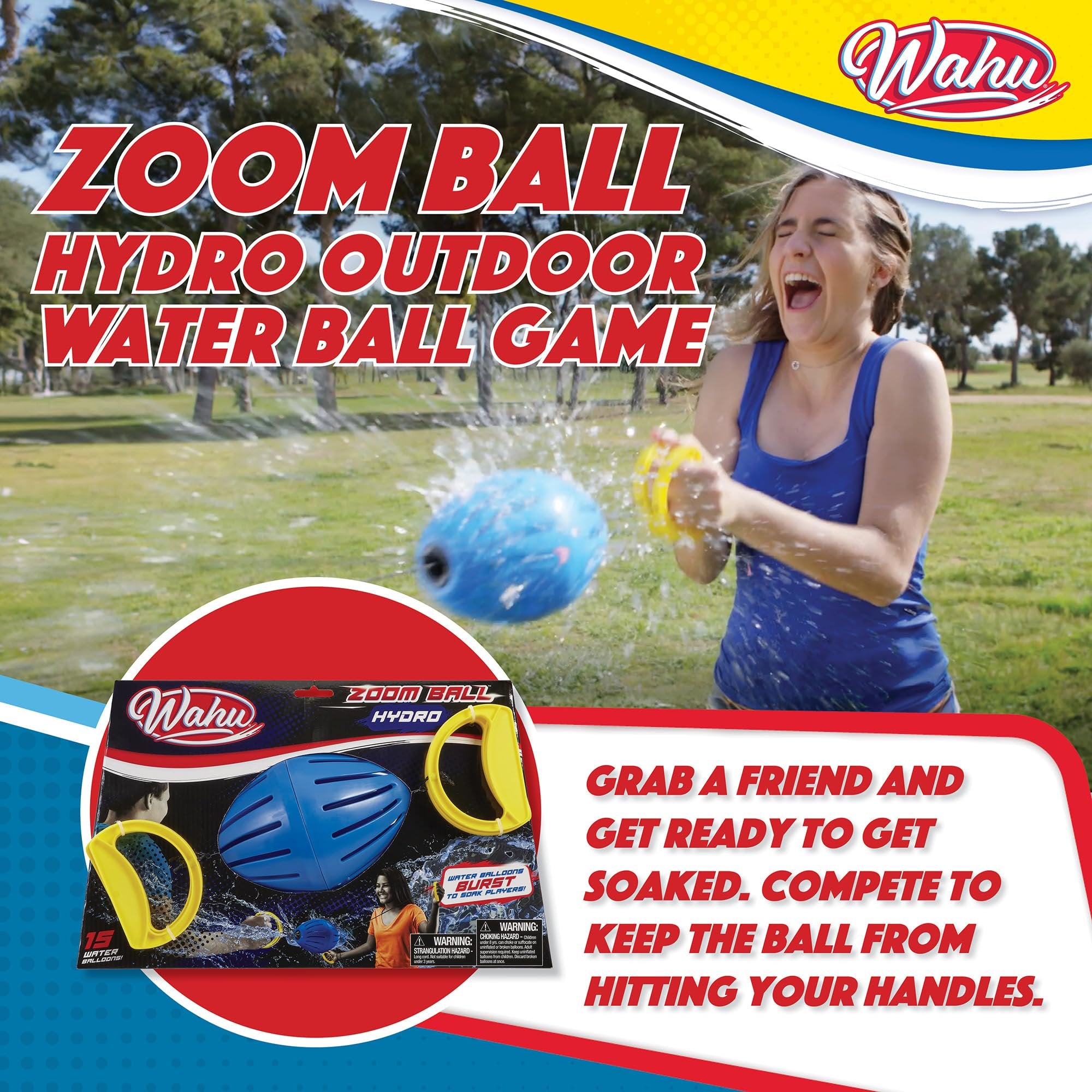 Wahu Zoom Ball Hydro Outdoor Toy with 7" Ball, 2 Handles, and 15 Water Balloons, Ages 8+, Multicolor