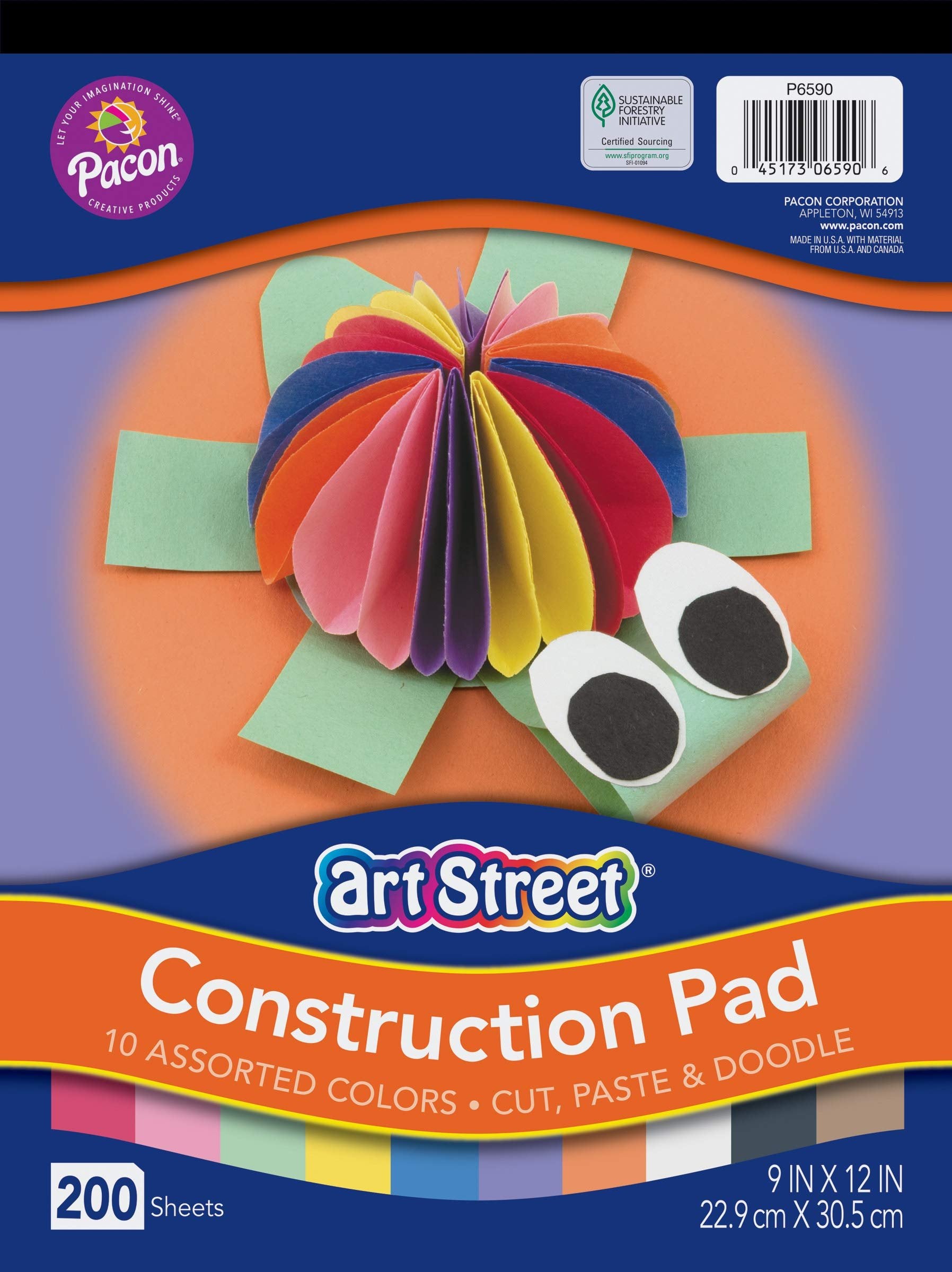 Pacon PAC6590 Construction Paper Pad, 9" x 12", Colors may vary, 200 Sheets