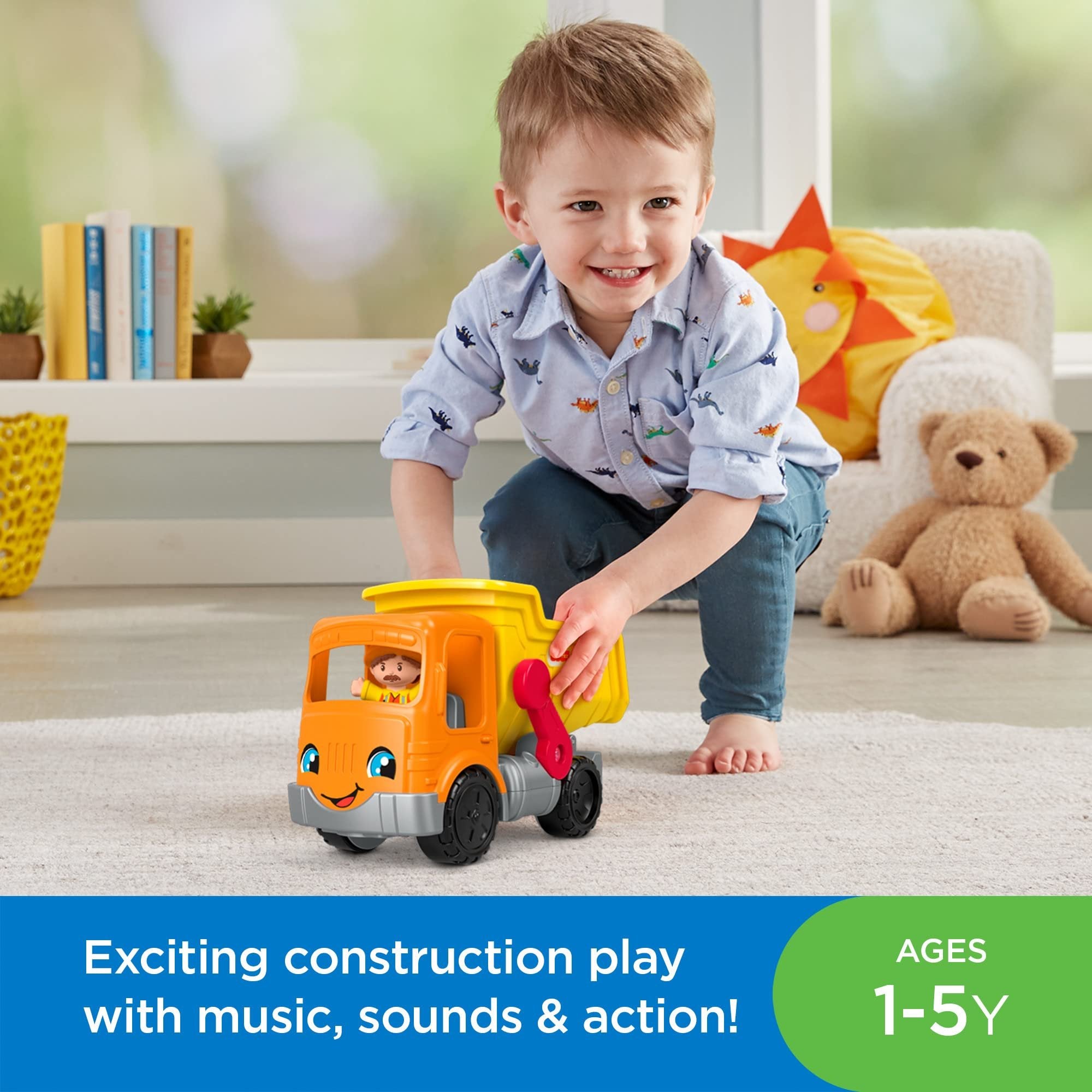 Fisher-Price Little People Toddler Construction Toy Work Together Dump Truck with Music & Sounds for Pretend Play Kids Ages 1+ Years