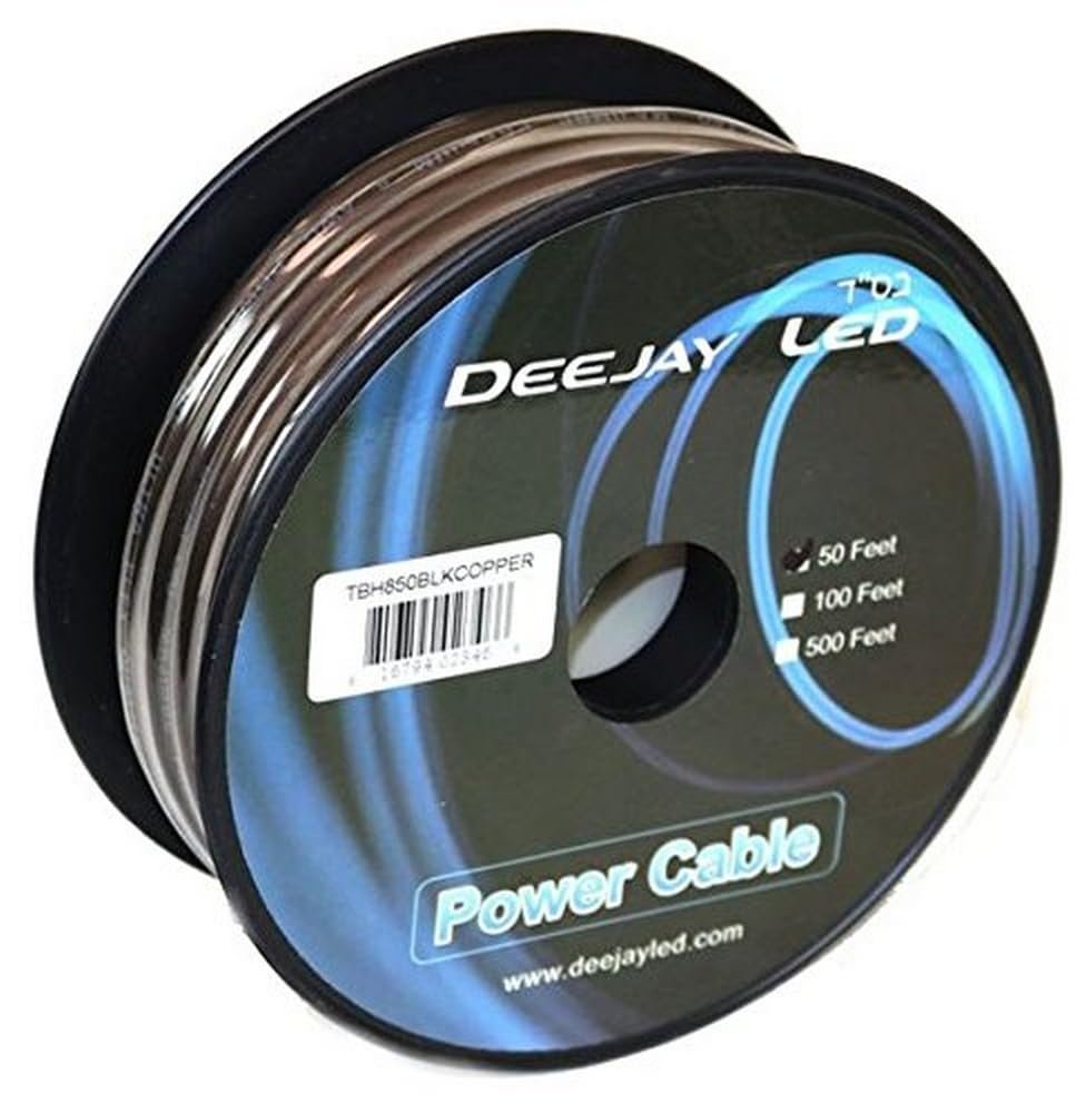 DEEJAYLED Eight-Gauge 50 Foot Black Pure Copper Stranded Power Cable Content Oxygen Free Copper Stranded Wire Style With Thick Black Outer Jacket Power Rating DEEJAY LED TBH850BLKCOPPER
