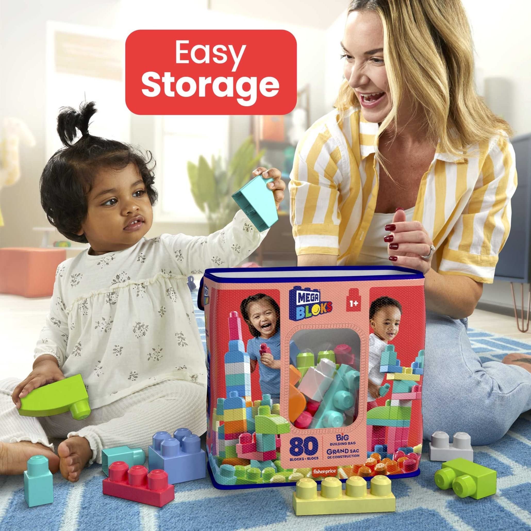 MEGA BLOKS First Builders Toddler Blocks Toys Set, Big Building Bag with 80 Pieces and Storage, Red, Ages 1+ Years