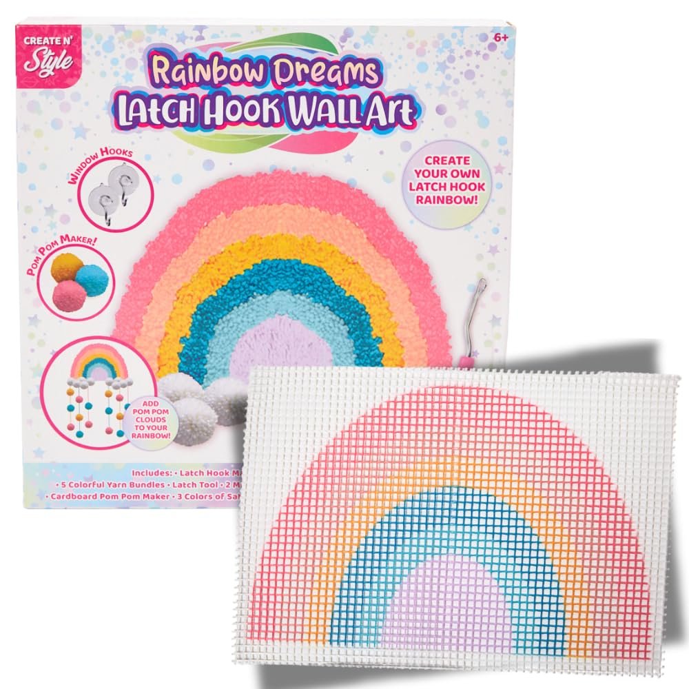 Innovative Designs Create N' Style DIY Rainbow Latch Hook Kit, Girls Arts & Crafts Set, Fun Craft Activity Kit for Kids Age 6+
