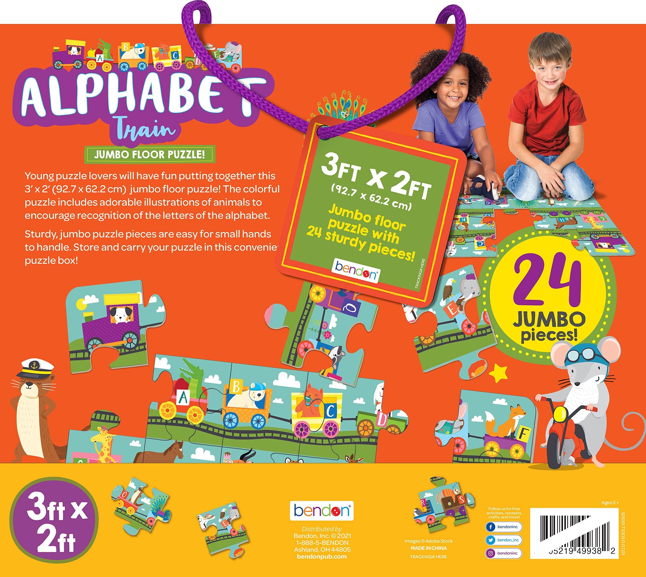 Bendon Alphabet Letter Train Shaped Jumbo Jigsaw Floor Puzzle (24 pcs, 3 x 2 feet Long) - Kids Vehicle Puzzles, Large Floor Puzzles for Preschoolers and Kids Ages 3+