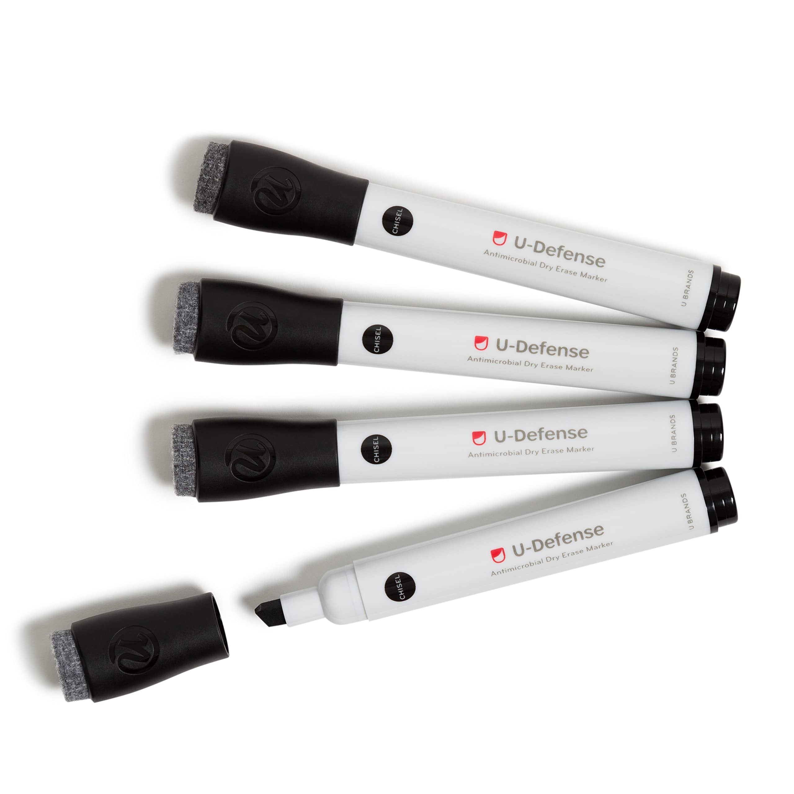 U Brands U Defense Dry Erase Markers, Office Supplies, Chisel Tip, Black, 4 Count