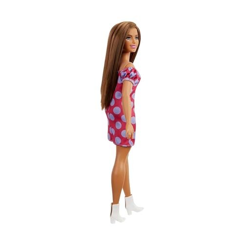 Barbie Fashionistas Doll #171, Curvy, Vitiligo, Long Brunette Hair, Off-Shoulder Polka Dot Dress, Purple Purse, White Boots,Toy for Kids 3 to 8 Years Old