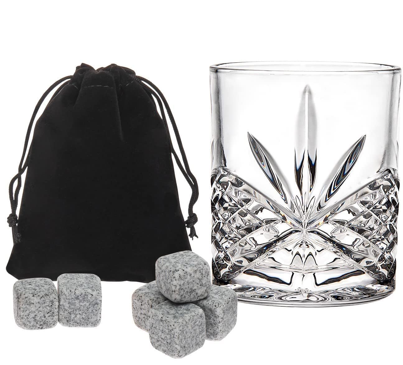 Godinger Whiskey Glass and Whiskey Stones, Gift Set Includes Old Fashioned Whiskey Glasses, 6 Whiskey Rocks Chilling Stones and Storage Pouch, Gifts for Men