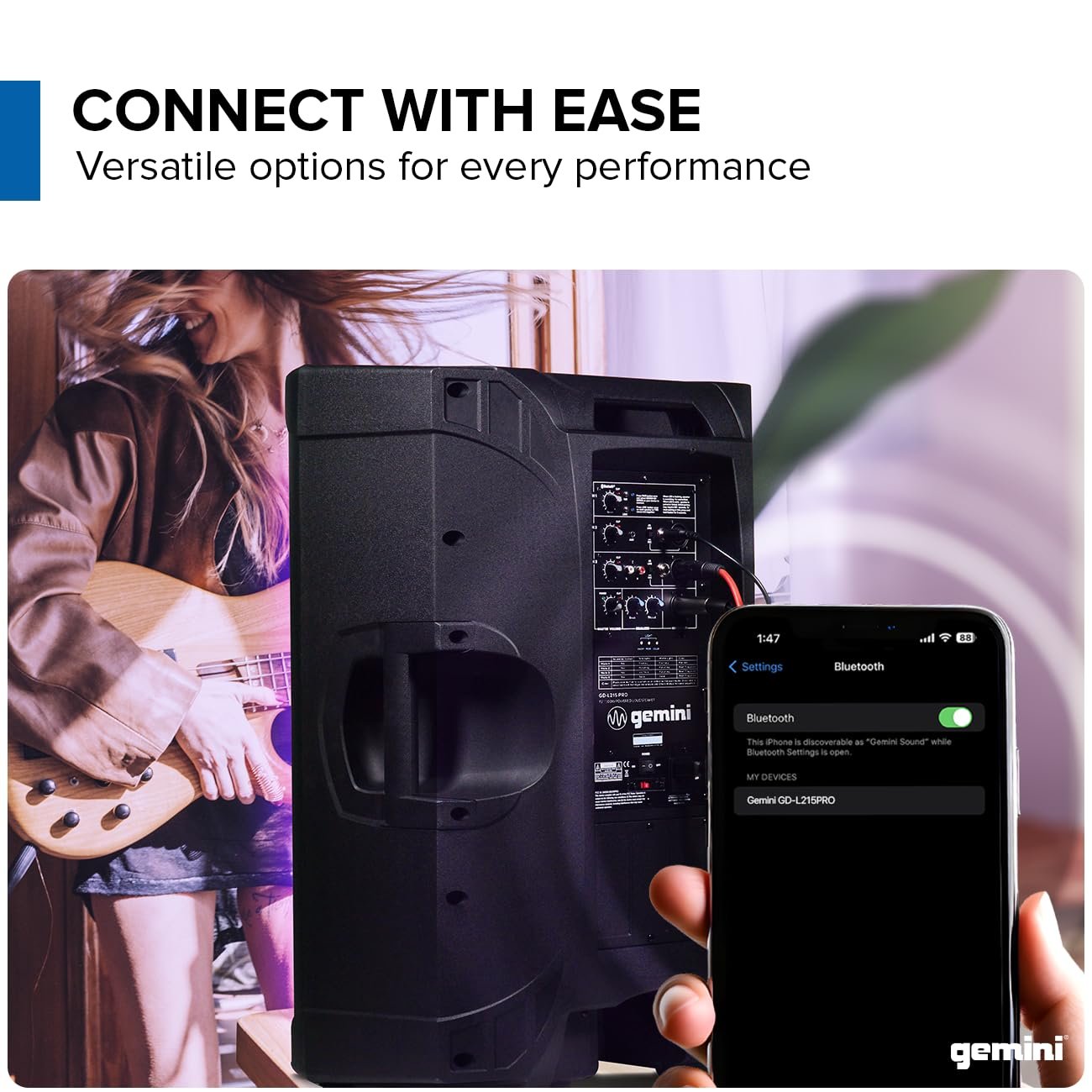 Gemini Sound GD-L215PRO - 1300W Bluetooth PA Speaker with LED Party Lights & 3-Channel Mixer - High-Power 15-Inch Woofer for DJs and Parties- User-Friendly Design for Enthusiasts