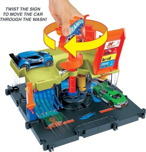 Hot Wheels City Toy Car Track Set, Downtown Express Car Wash Playset with 1:64 Scale Vehicle, Foam Roller & Drying Flaps