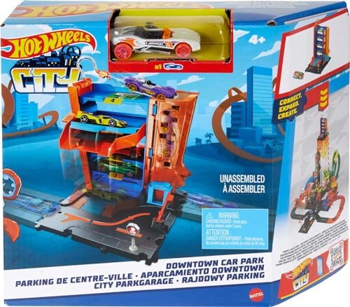 Hot Wheels City Toy Car Track Set, Downtown Car Park Playset with 1:64 Scale Vehicle, 4 Levels, Working Lift & Exit Chute