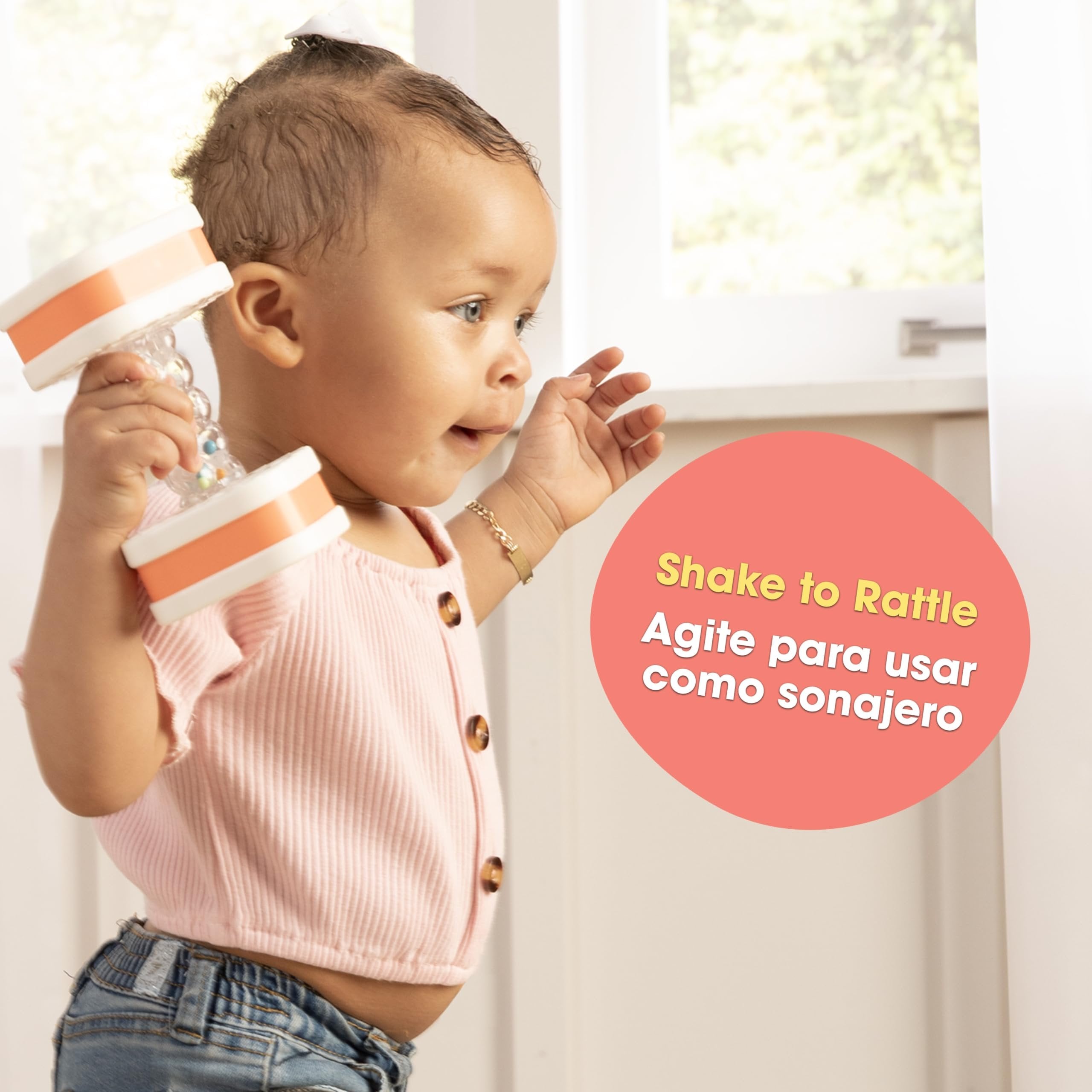 BEBE FUERTE Twist & Shake Dumbbell by Robin Arzon - Bilingual Toddler Sensory Toys - Baby Workout Toys - Baby and Toddler Gifts for Ages 3 Months and Up