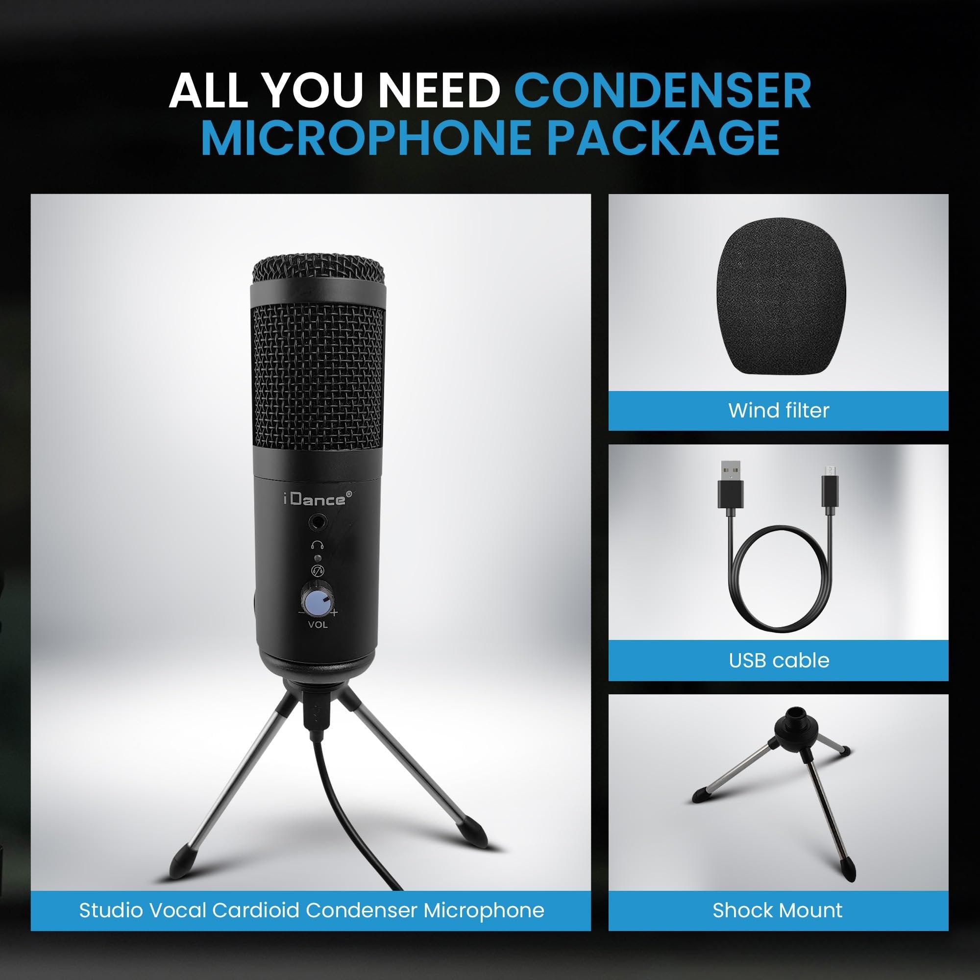 iDance MS1814 6-in-1 PRO Vocal Cardioid Condenser Microphone Plug & Play Studio Recording Microphone for PC Gaming Podcast Broadcast Streaming