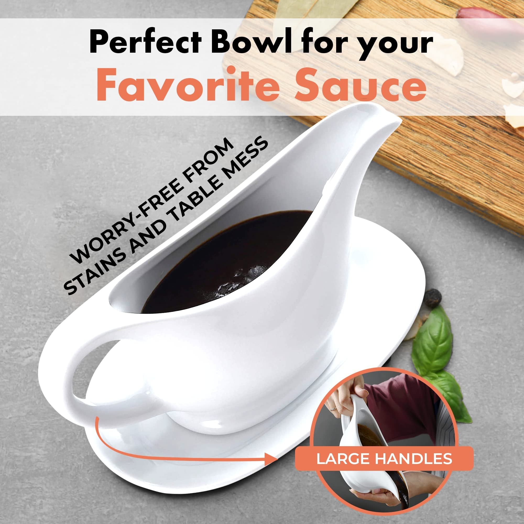 Bruntmor 11 Oz White Ceramic Gravy Boat With Tray, 11 Ounce Small Ceramic Serving Dish, Dispenser with Tray For Sauces, Gravy Boats With Saucer For Dinner