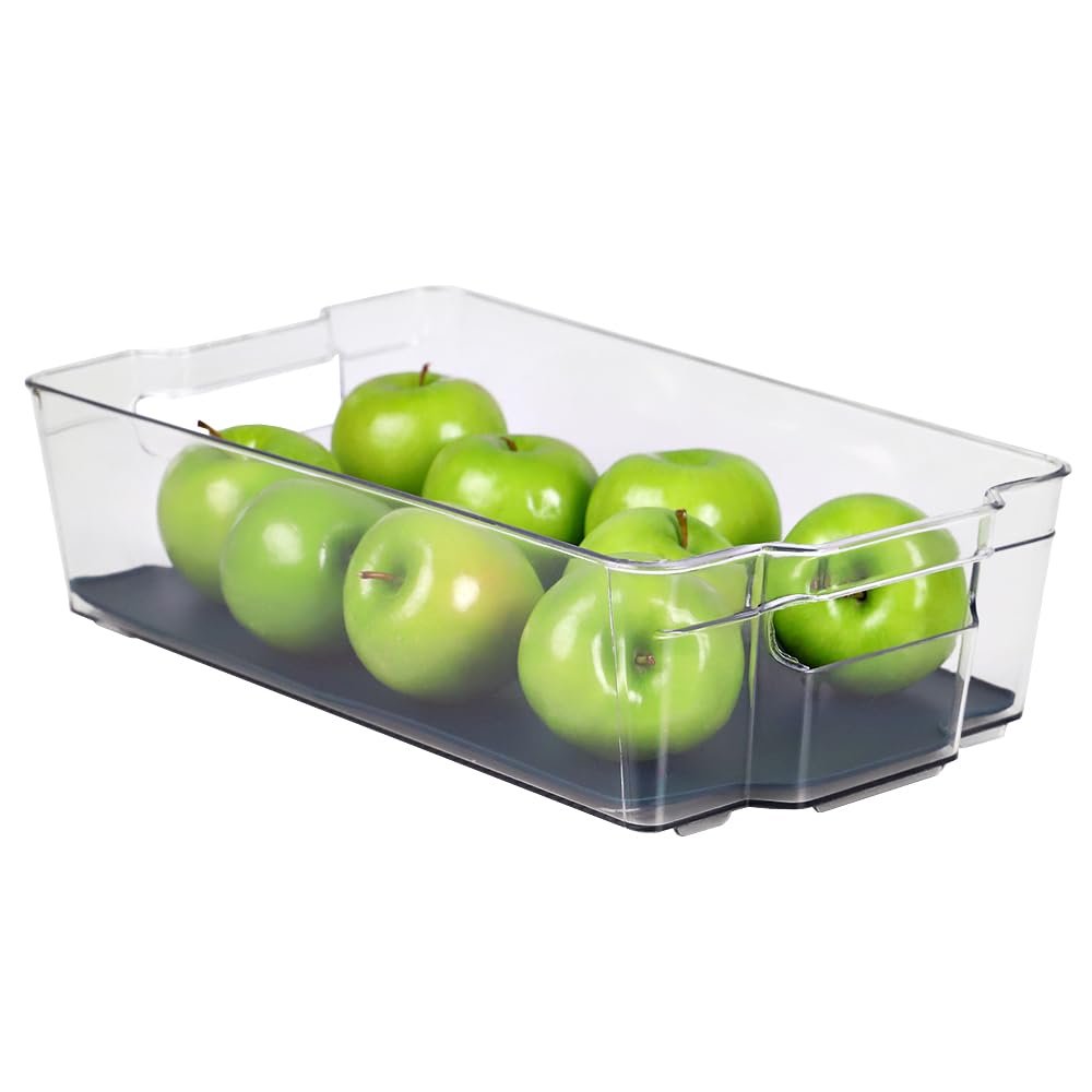 Home Basics Clear Fridge Bin with Rubber Lining Integrated Side Handles, and Stackable Design | Pantry Organization and Storage Bins, Cabinet Organizers