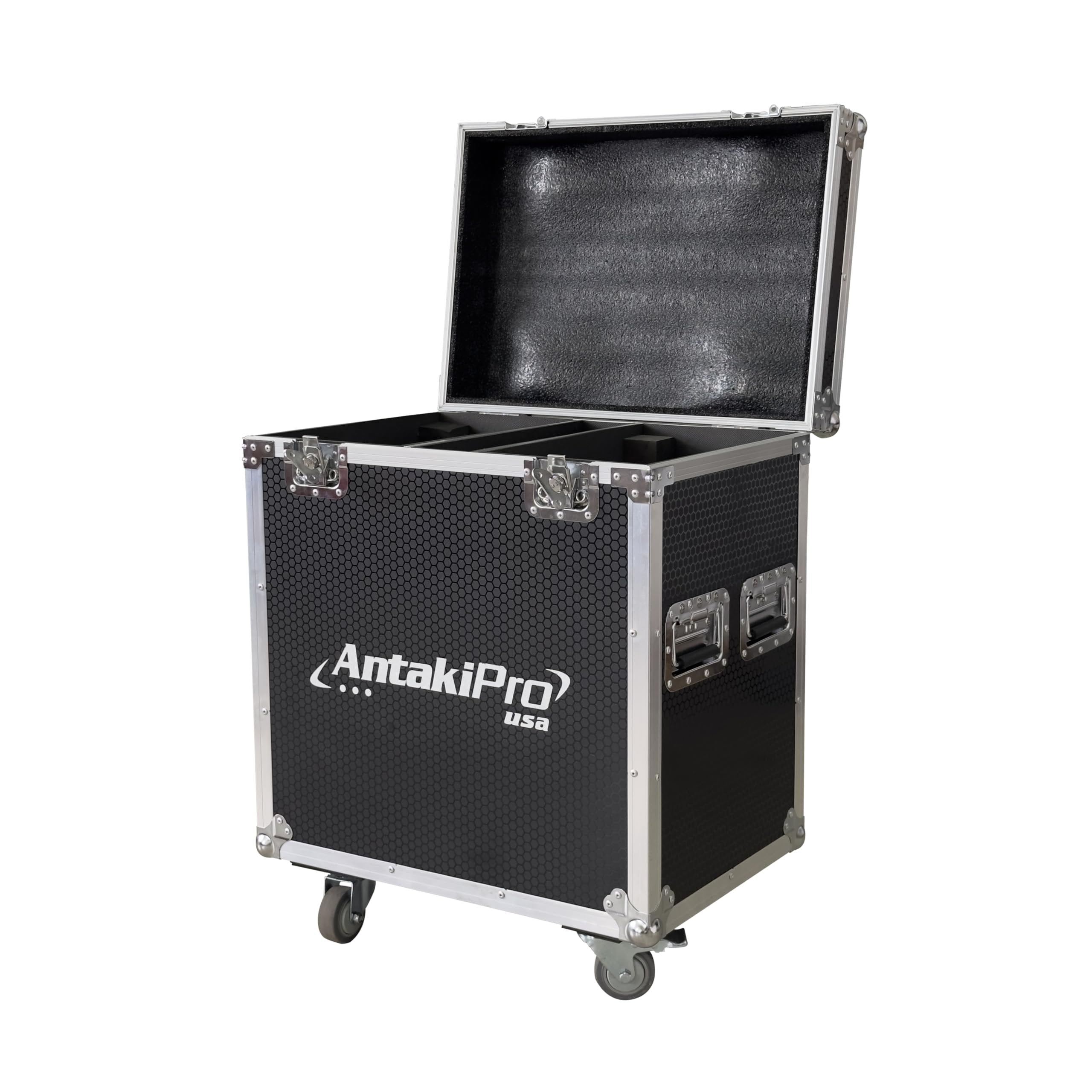 ANTAKIPRO AP-350CASE PRO Road Case, Holds 2 Moving Head Lights Spacious Interior Secure Compartments Rolling Flight Case Storage with Wheels Black