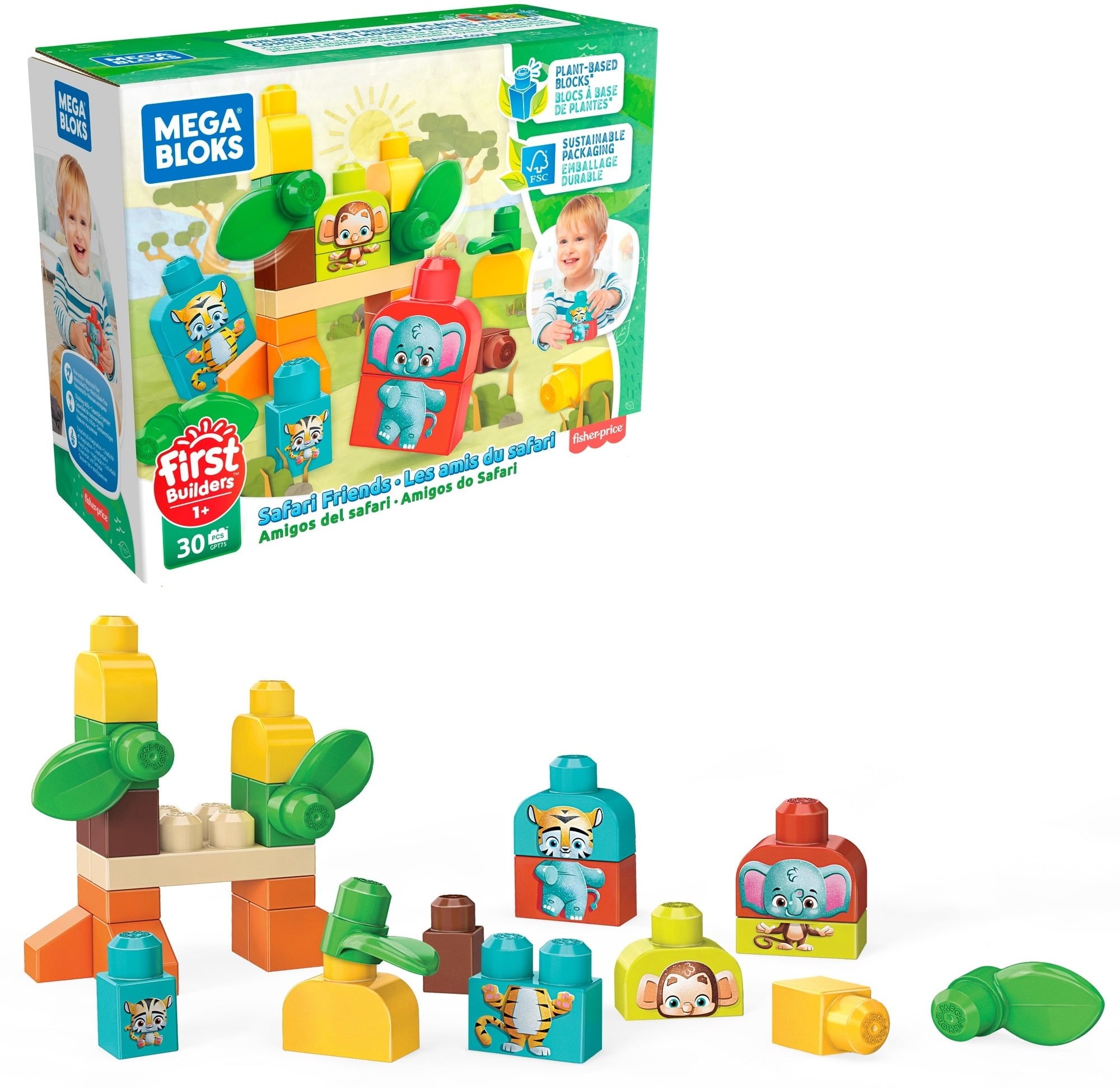 MEGA BLOKS First Builders Safari Friends with Big Building Blocks, Plant-Based Building Toys for Toddlers (30 Pieces)