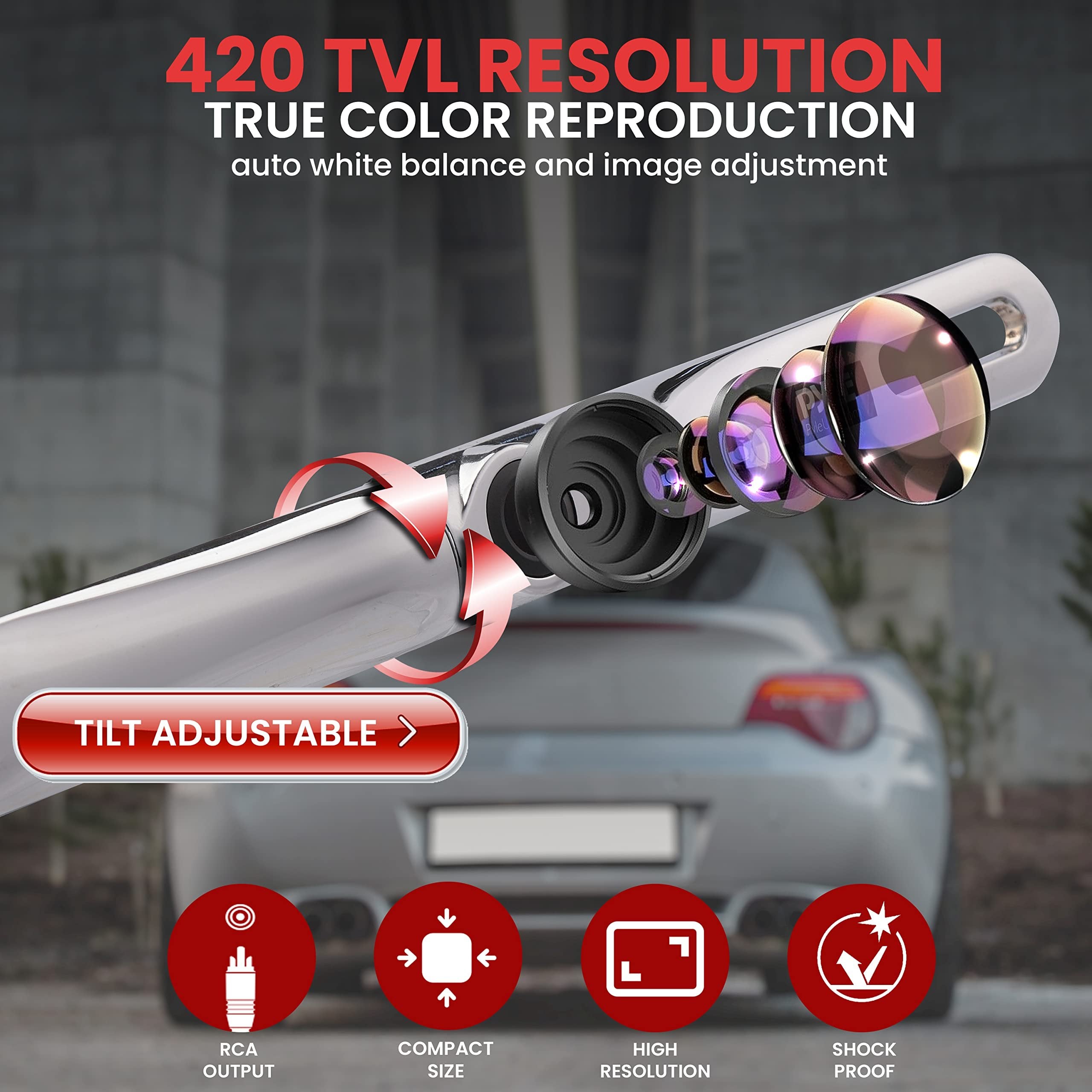Pyle License Plate Rear View Camera - PLCM18SC Built-in Distance Scale Lines Backup Parking/Reverse Assist Waterproof Adjustable Slim Bar Cam w/ 420 TVL Resolution & RCA Output Zinc Metal Chrome
