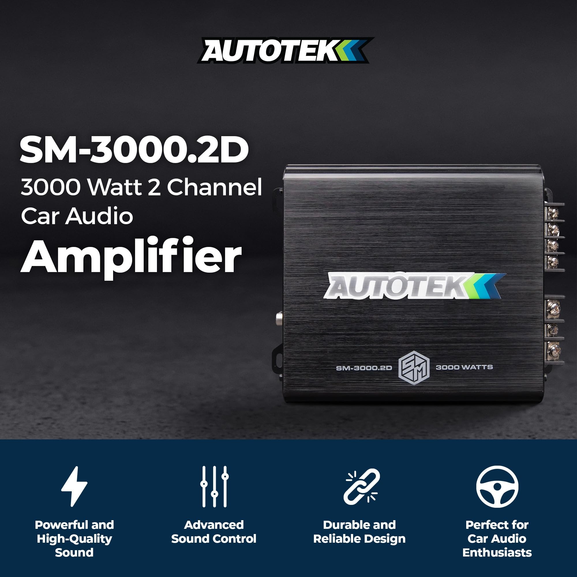 Autotek 3000 Watt 2 Channel Car Audio Amplifier with Bass Knob, High Output Class D Mono Bridged 4 Ohm Stable Input, Street Machine, SM-3000.2D, Black