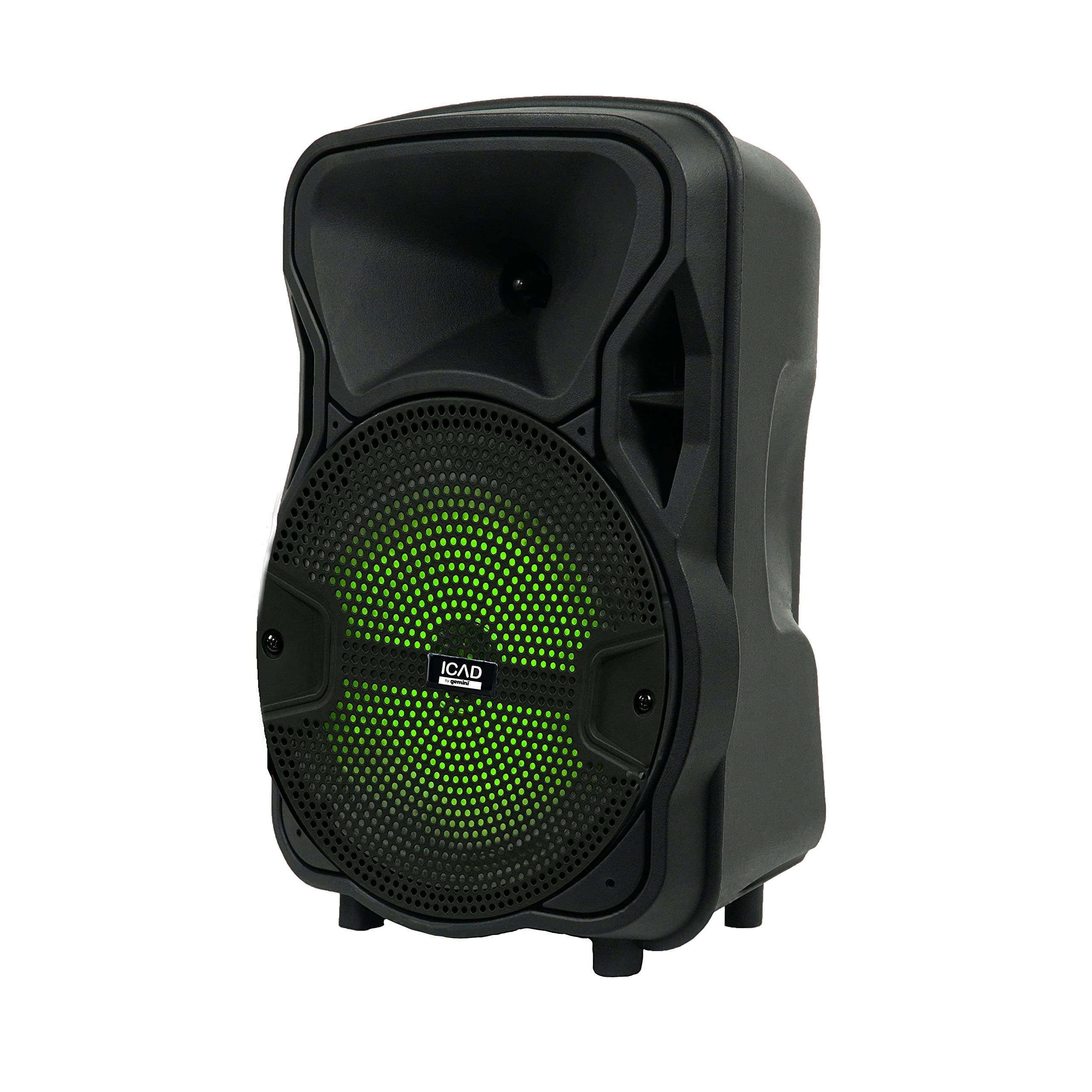 ICAD by Gemini GSX-L208BTB Wireless Rechargeable Portable Bluetooth LED Party Light Show 8" Inch Woofer Powered 500W Watts Peak PA System Karaoke Speaker w Micro SD USB and FM Radio Tuner, Microphone