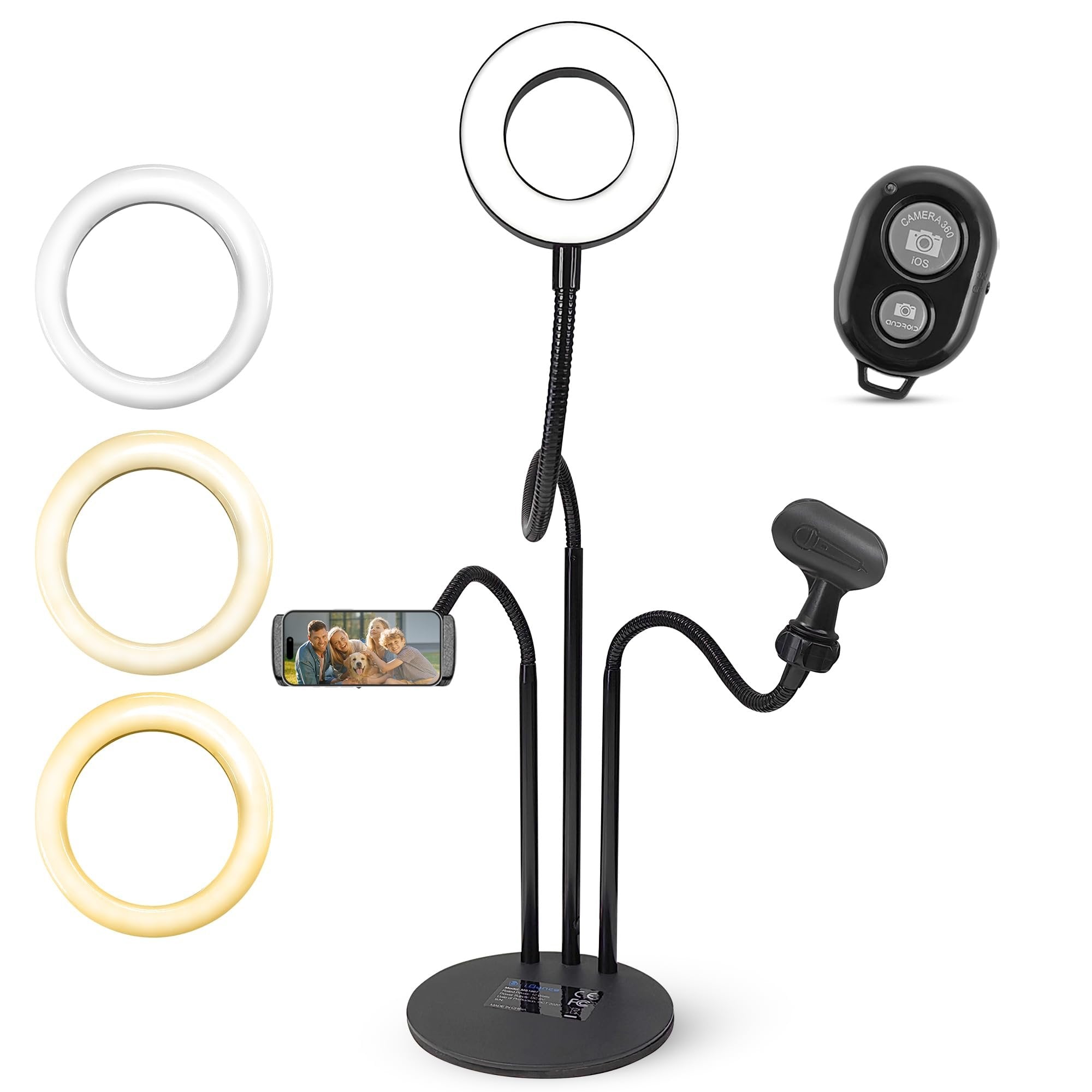 iDance LED Ring Light with Stand, 3.5", Portable Desk Ring Light with Cell Phone Mount, Microphone Holder and Tripod for Laptop, Selfie, USB Powered & Remote with Foldable & Adjustable Stand
