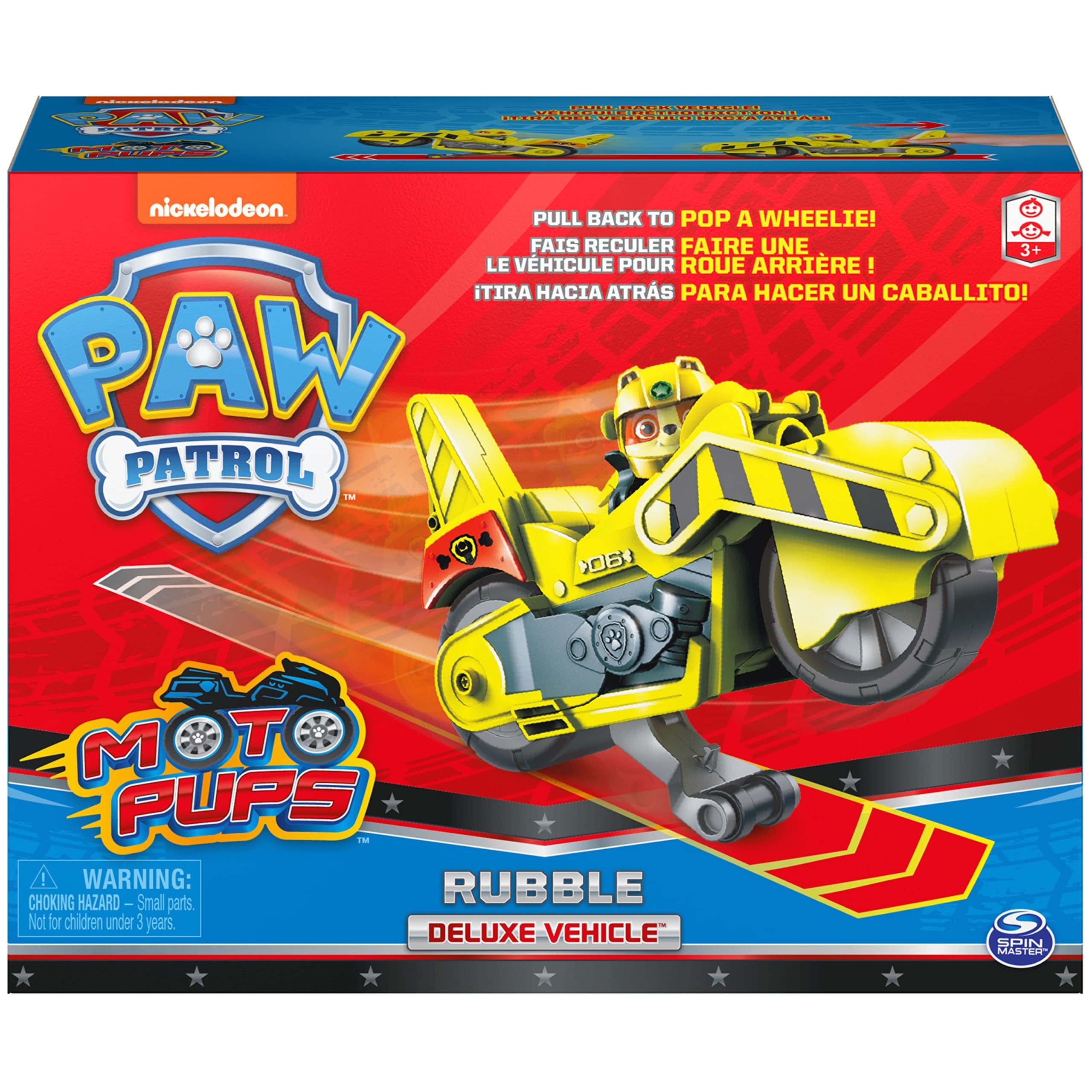 Paw Patrol, Moto Pups Rubble’s Deluxe Pull Back Motorcycle Vehicle with Wheelie Feature and Toy Figure