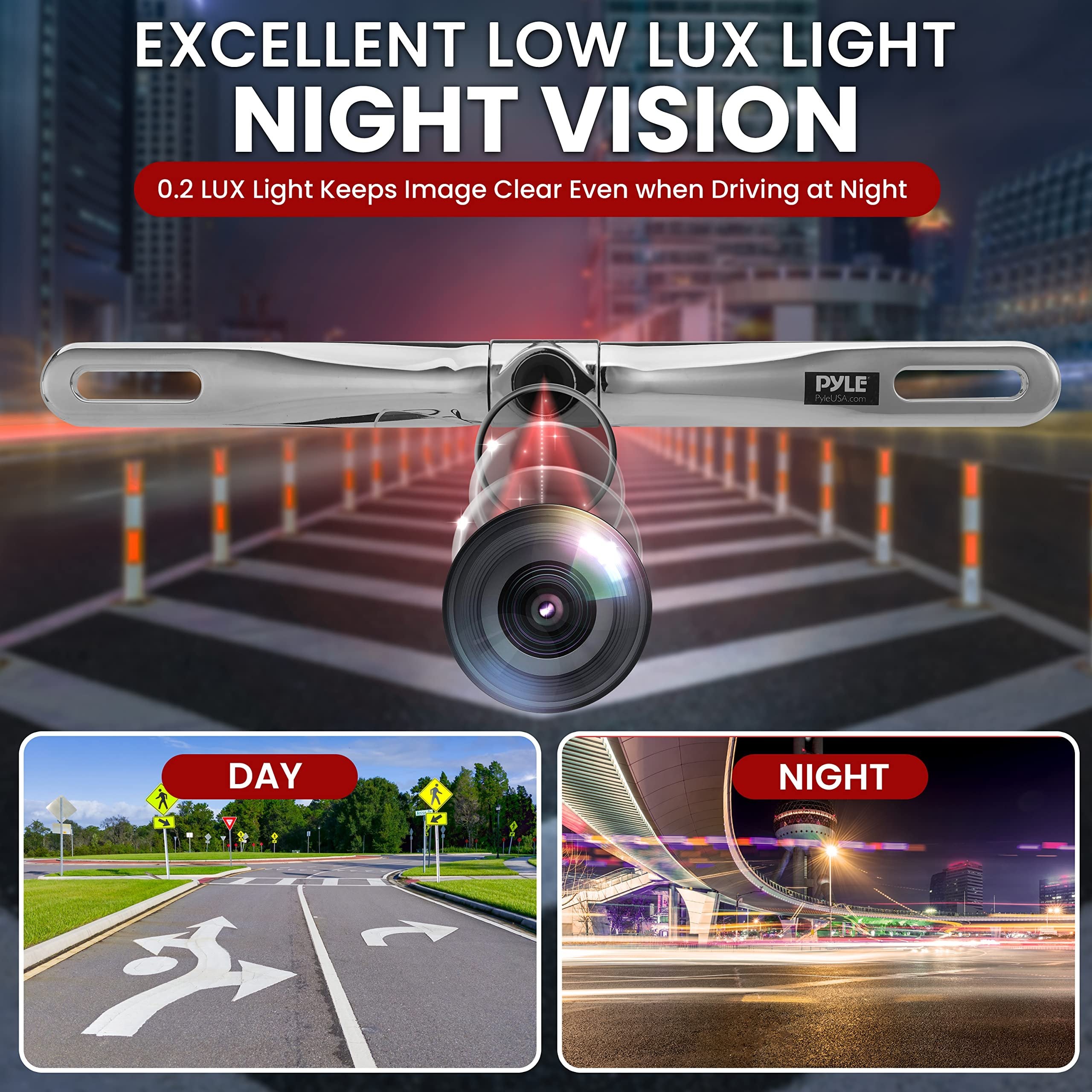 Pyle License Plate Rear View Camera - PLCM18SC Built-in Distance Scale Lines Backup Parking/Reverse Assist Waterproof Adjustable Slim Bar Cam w/ 420 TVL Resolution & RCA Output Zinc Metal Chrome
