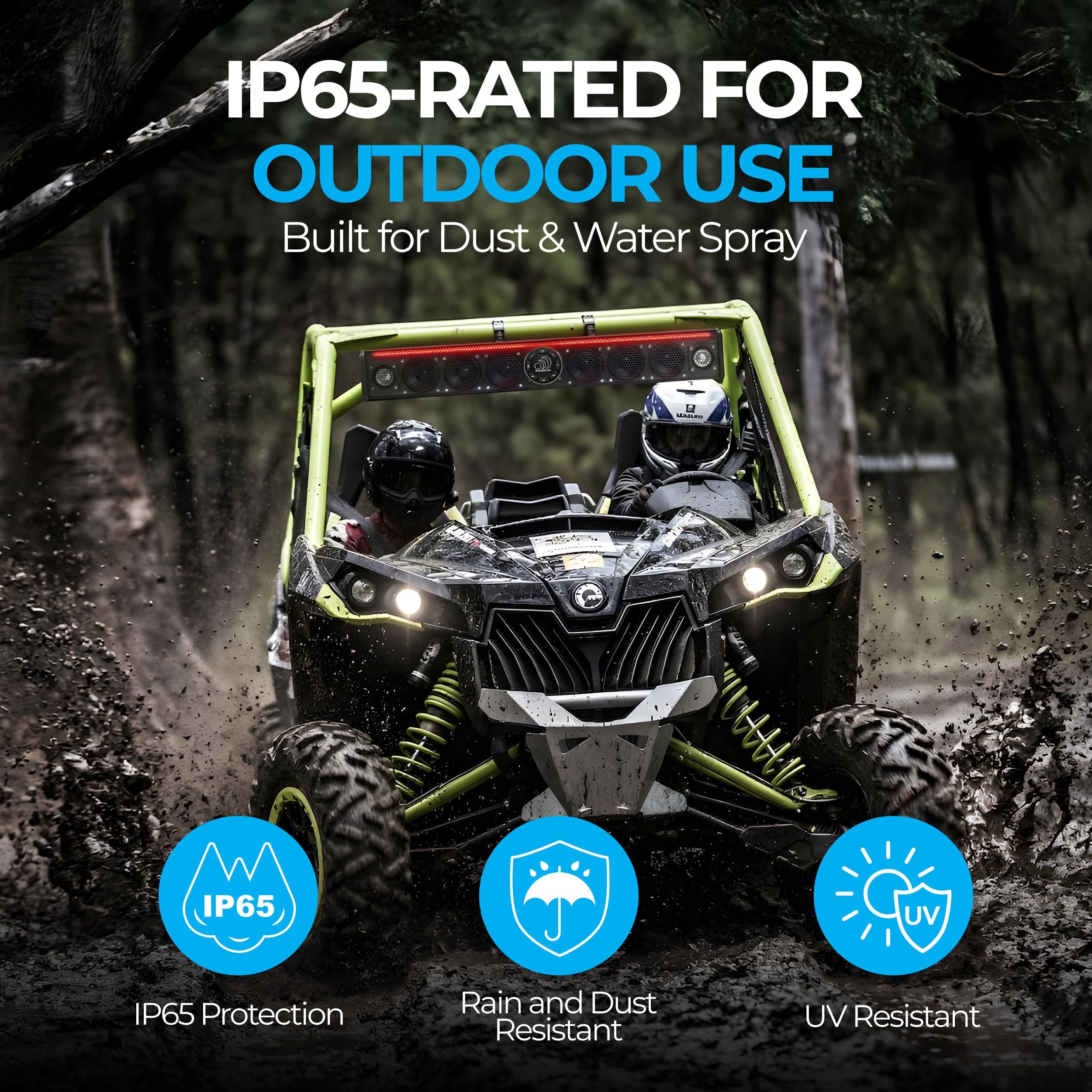 Massive Audio T8SB 8-Speaker 30" UTV Soundbar, 400W Marine Sound Bar for UTV, ATV, Golf Cart, IP65 Waterproof Outdoor Sound Bar with RGB LED Lighting and Universal Mounting for 1.75" to 2" Roll Cages