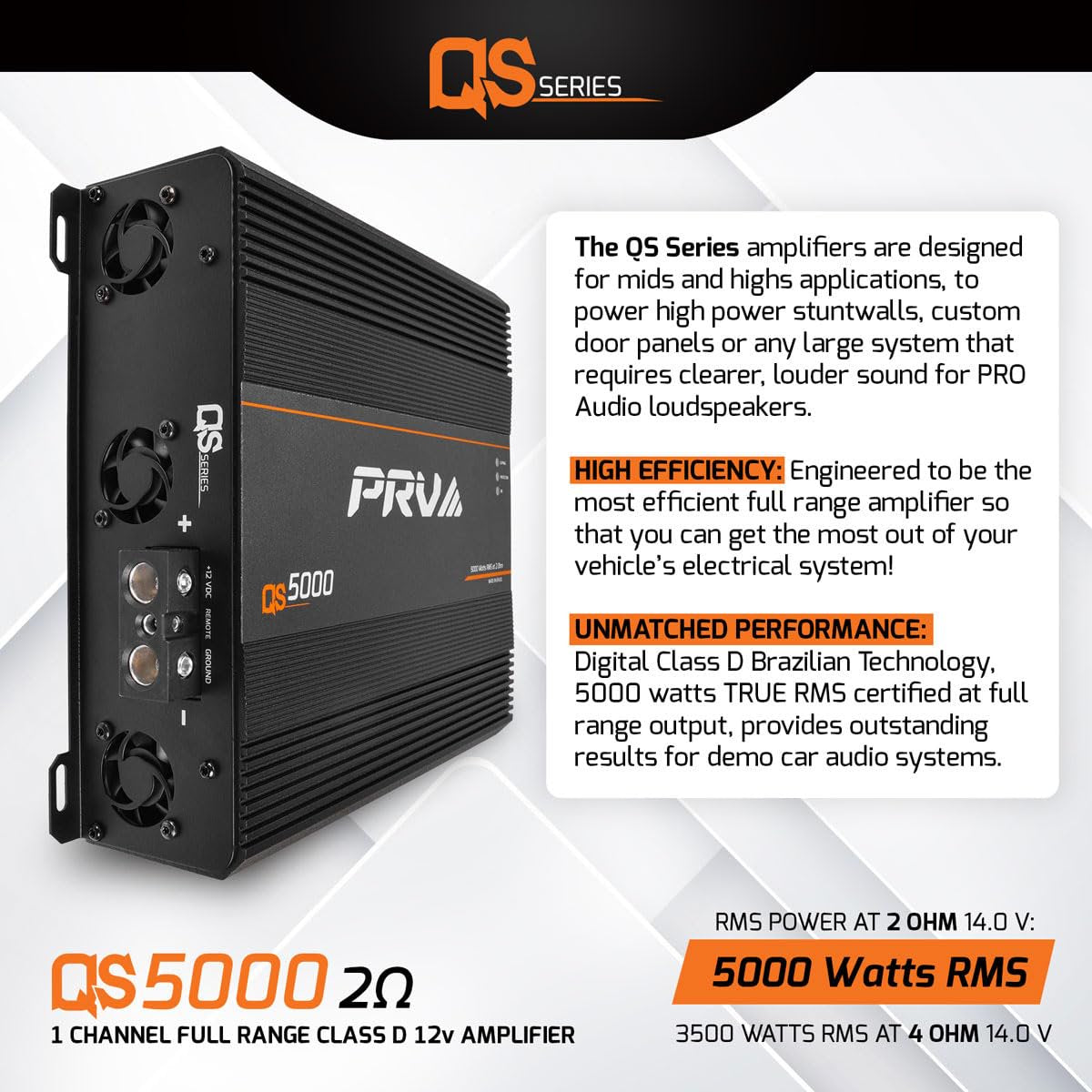 PRV Audio QS5000.2 QS Series Full Range Monoblock Amplifier Compact 1 Channel Pro Car Audio Amp Loudspeakers 5000 Watts RMS at 2 Ohm