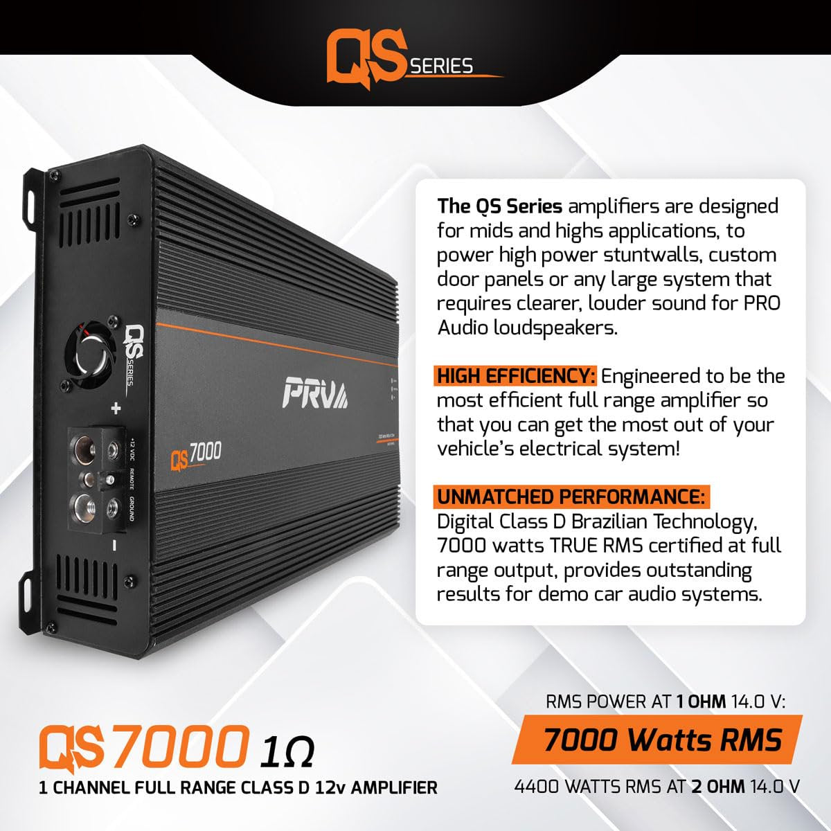 PRV Audio QS7000.1 QS Series Full Range Class D Monoblock Amplifier Compact 1 Channel Pro Loudspeakers Car Audio Amp 7000 Watts RMS at 1 Ohm