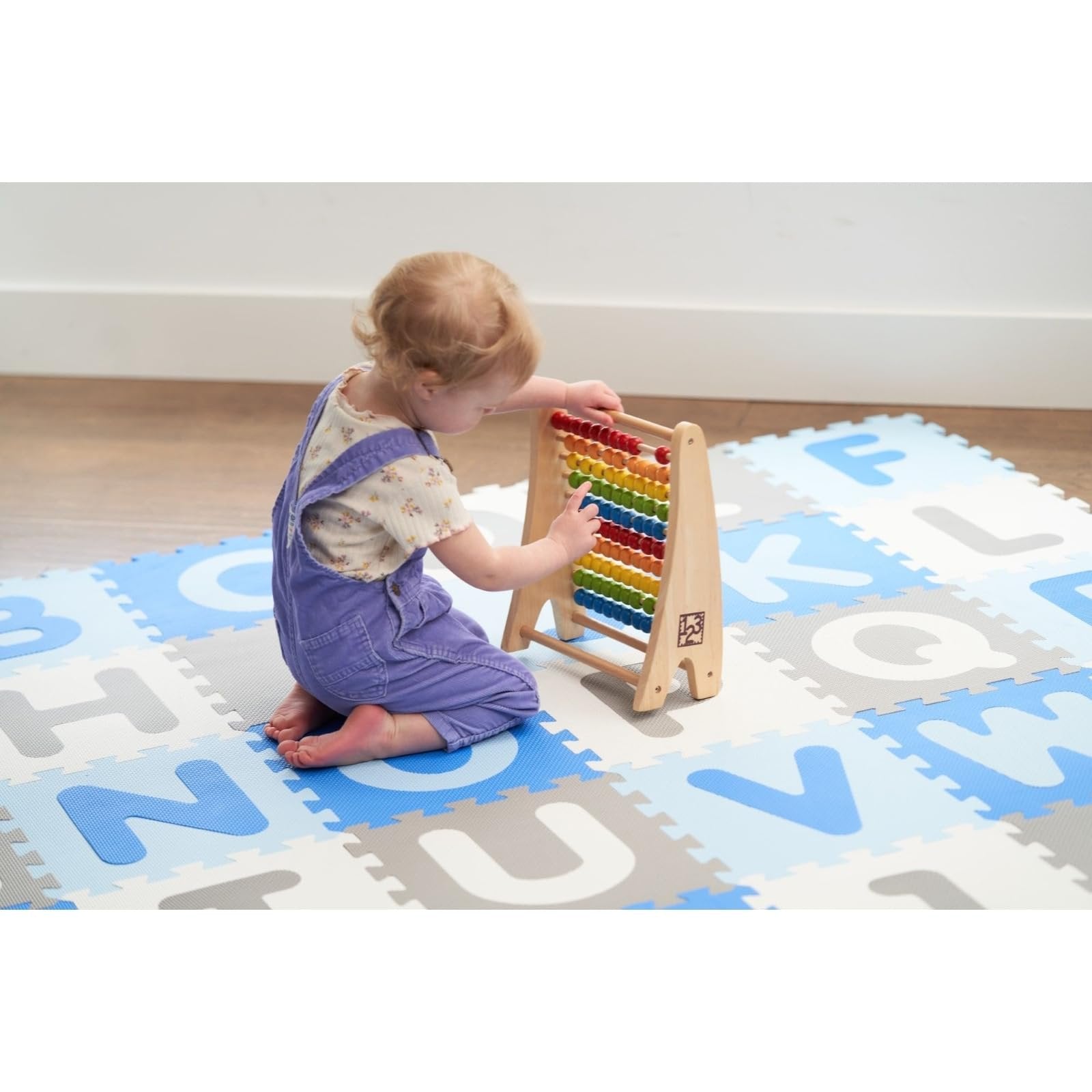Tadpoles Foam Playmats for Kids, 36 Interlocking Tiles Teach the ABCs and Numbers 0-9, Total Floor Coverage 74” x 74” (36 Sq Ft), For Ages 3 and Up, Colors: Blue/Grey
