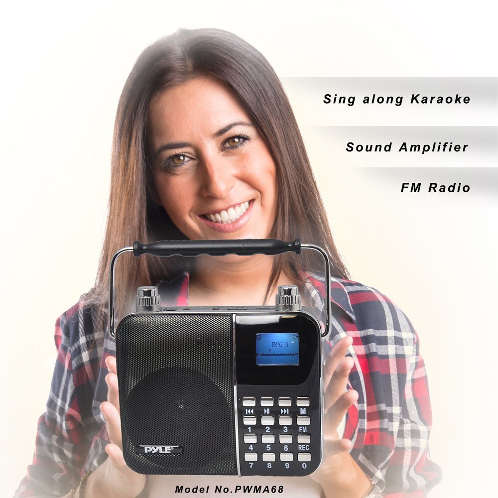 Portable Radio PA Speaker System - Waist-Band Portable Karaoke Machine with Headset Microphone, Rechargeable Battery, USB/SD Card Reader, Voice Recorder, LCD Sing-Along Lyrics Display - Pyle PWMA68
