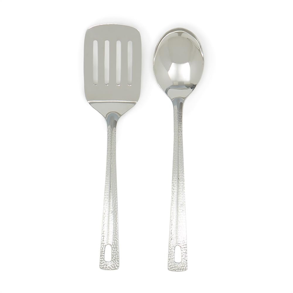 Stainless Steel Utensil Set with Elegant Hammered Finish by Home Basics | Includes Slotted Turner and Serving Spoon Set | Hanging Hole for Easy Storage