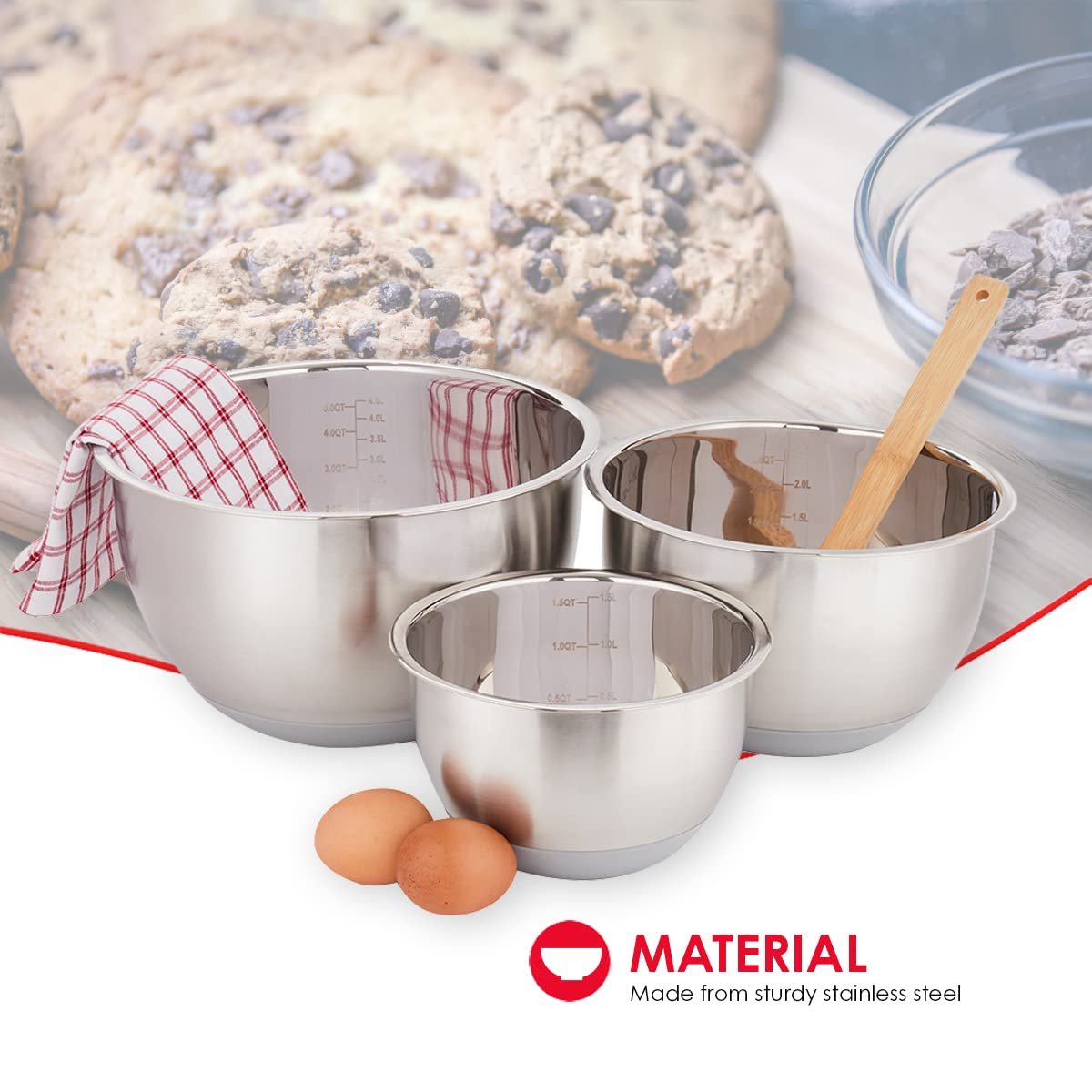 Home Basics 3 Piece Stainless Steel Nesting Mixing Bowls with Rubber Bottoms | Kitchen Essential | High Walls for Easy Mixing | Compact Storage