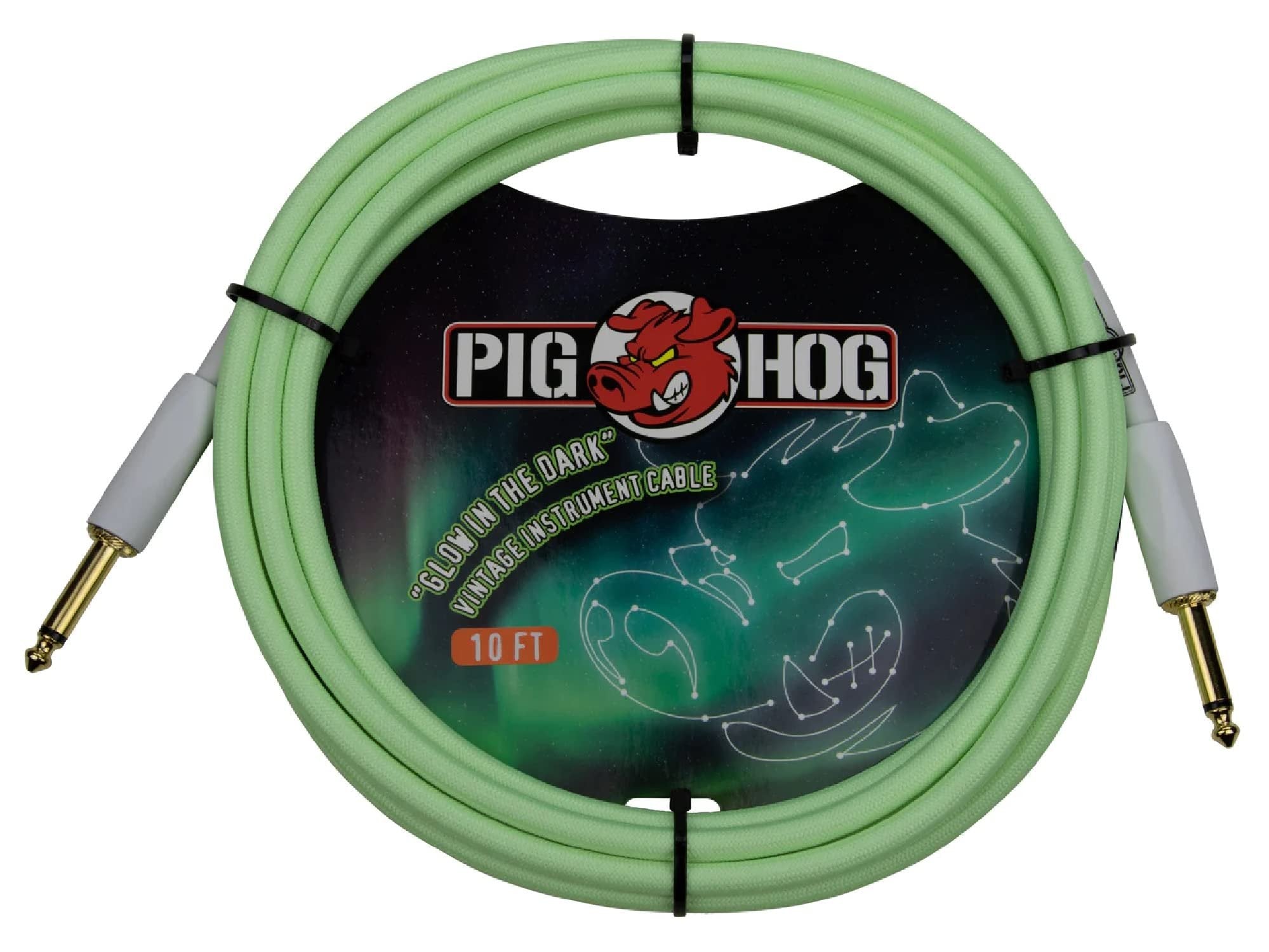 Pig Hog PCH10GLO Glow in The Dark Instrument Cable 10-Feet Unique Woven Outer Covering Gold Plated 1/4" Connectors