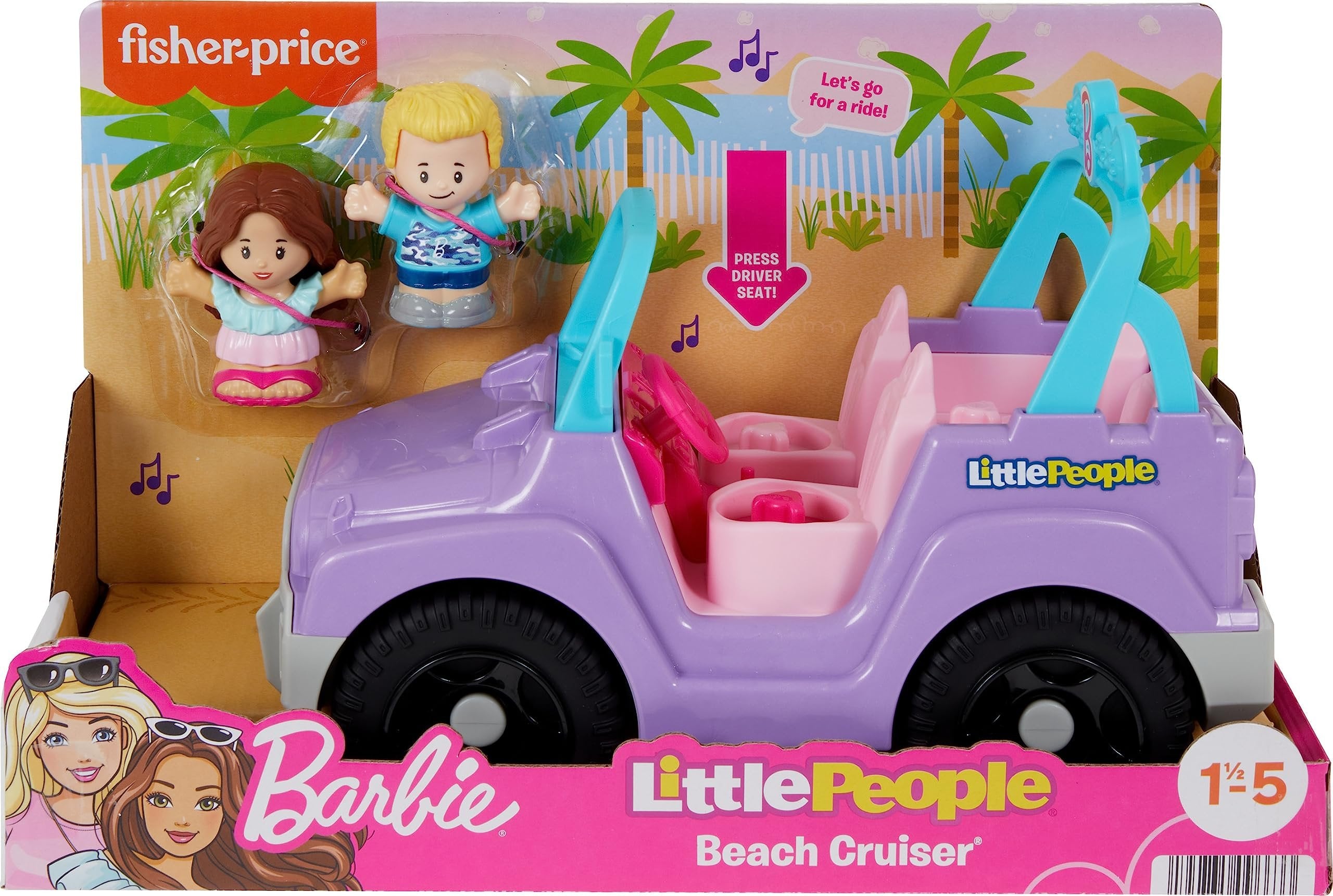 Fisher-Price Little People Barbie Toddler Toy Car Beach Cruiser with Music Sounds and 2 Figures for Pretend Play Kids Ages 18+ Months