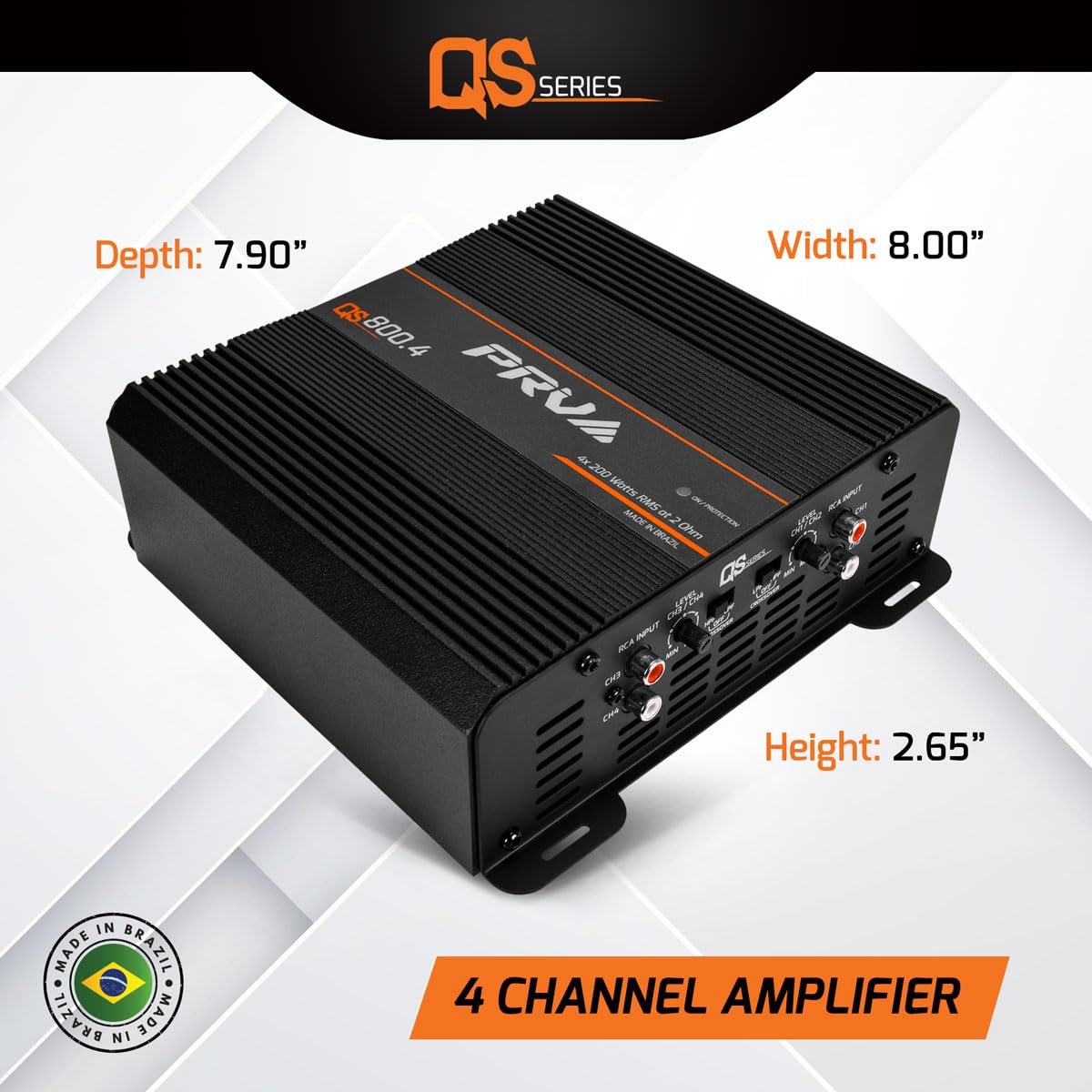 PRV Audio QS800.4 2 Ohm Compact 4 Channel Car Audio Amplifier 4 x 220 Watts RMS at 2 Ohm - 800 Watt Amp High Power Stereo 12 volts Amp Class D Full Range Bridgeable