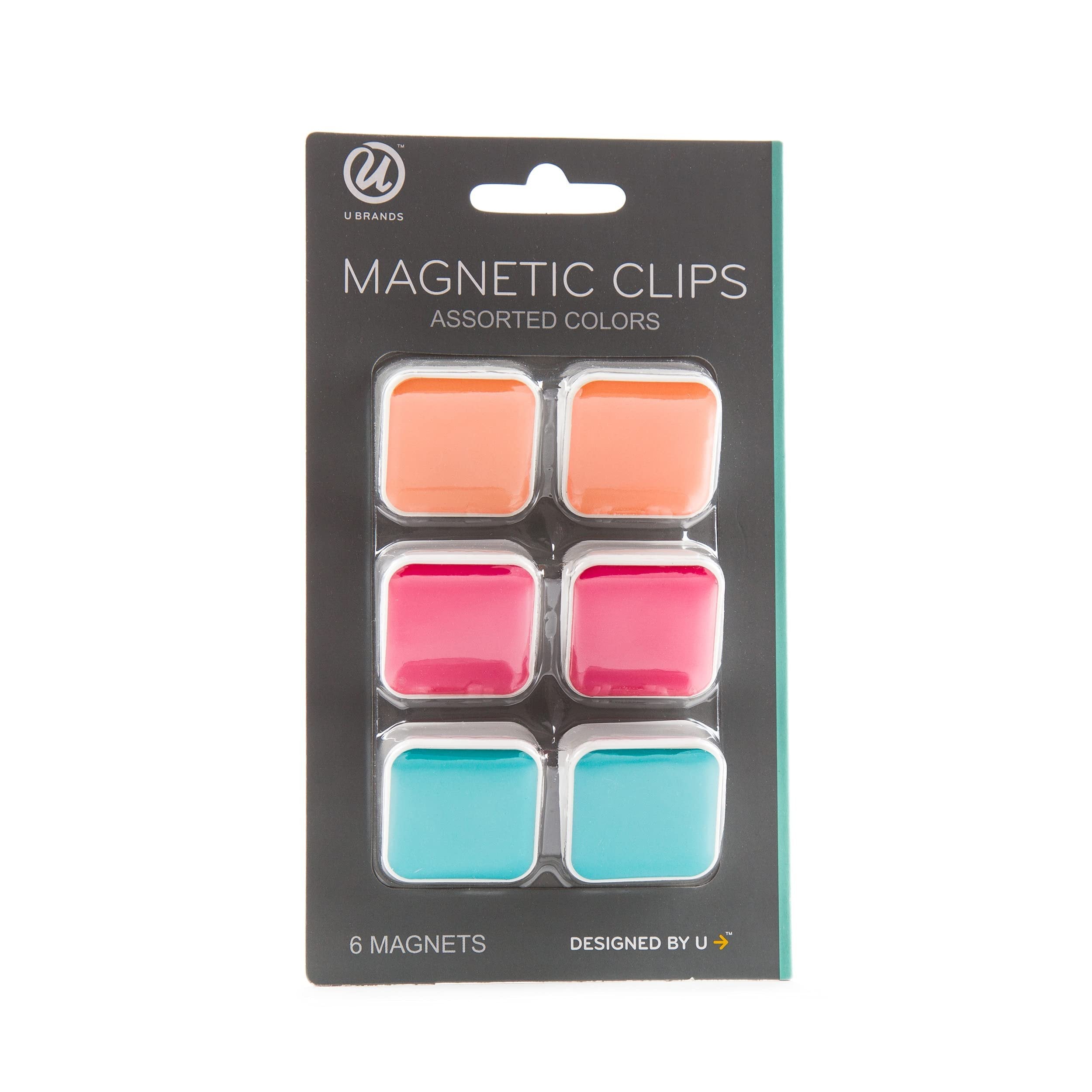 U Brands Magnet Clips, Square, 1 1/4in by 1 1/4in, Assorted Designs in Cool Colors, 6-Count