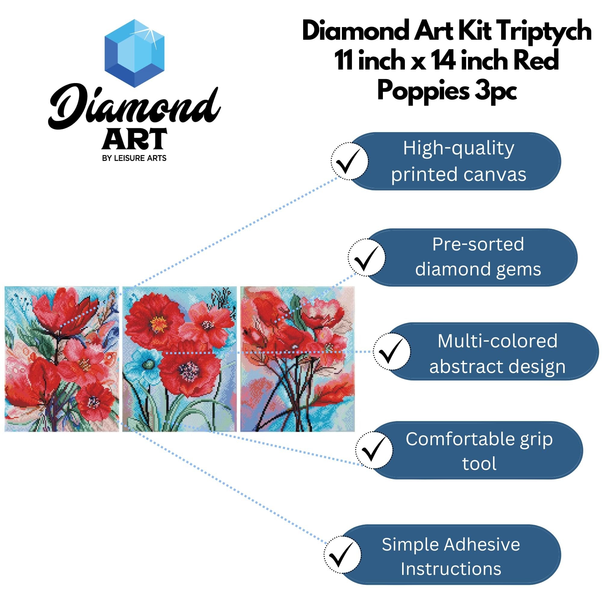 Diamond Art By Leisure Arts Diamond Painting Kits For Adults 11"X14" Advanced Triptych Red Poppies, Set Of 3, Full Drill, Art Kits, Dimond Art, For Adults