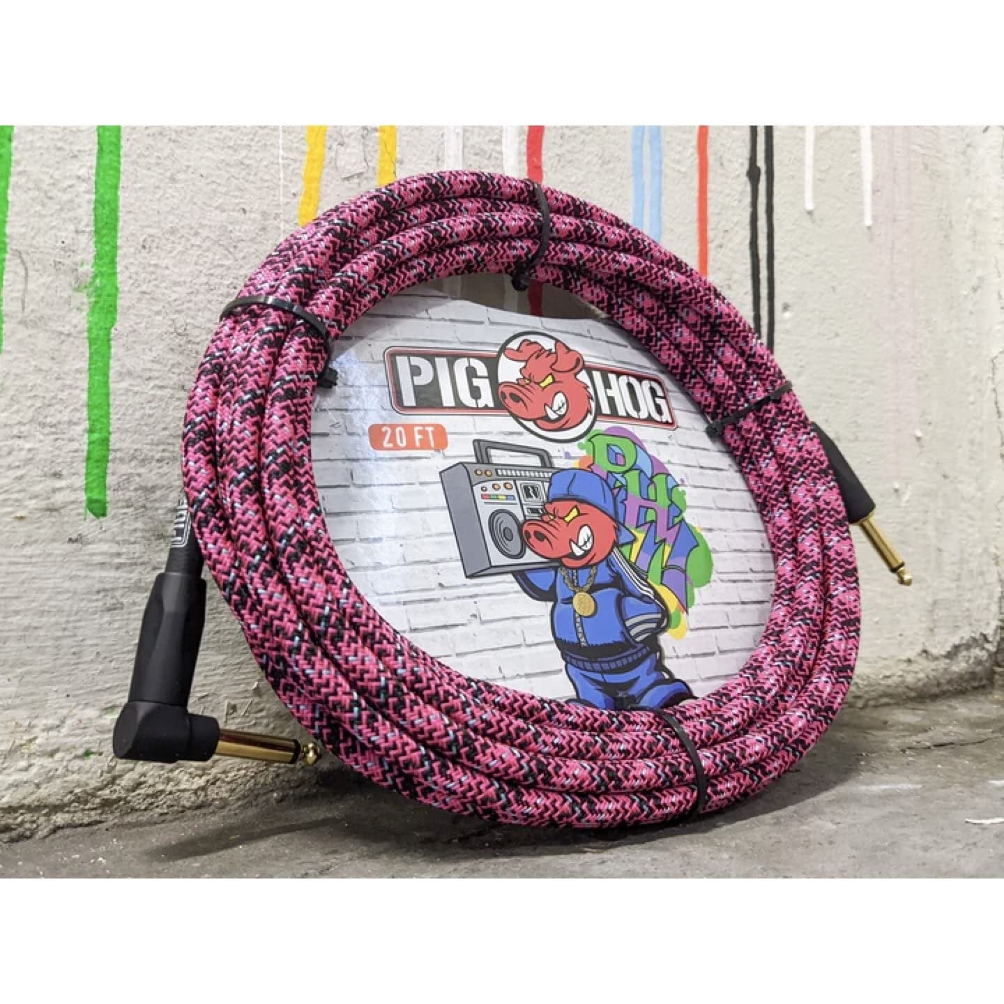 Pig Hog PCH20GPK Pink Graffiti Woven Instrument Cable, 20 ft Right Angle