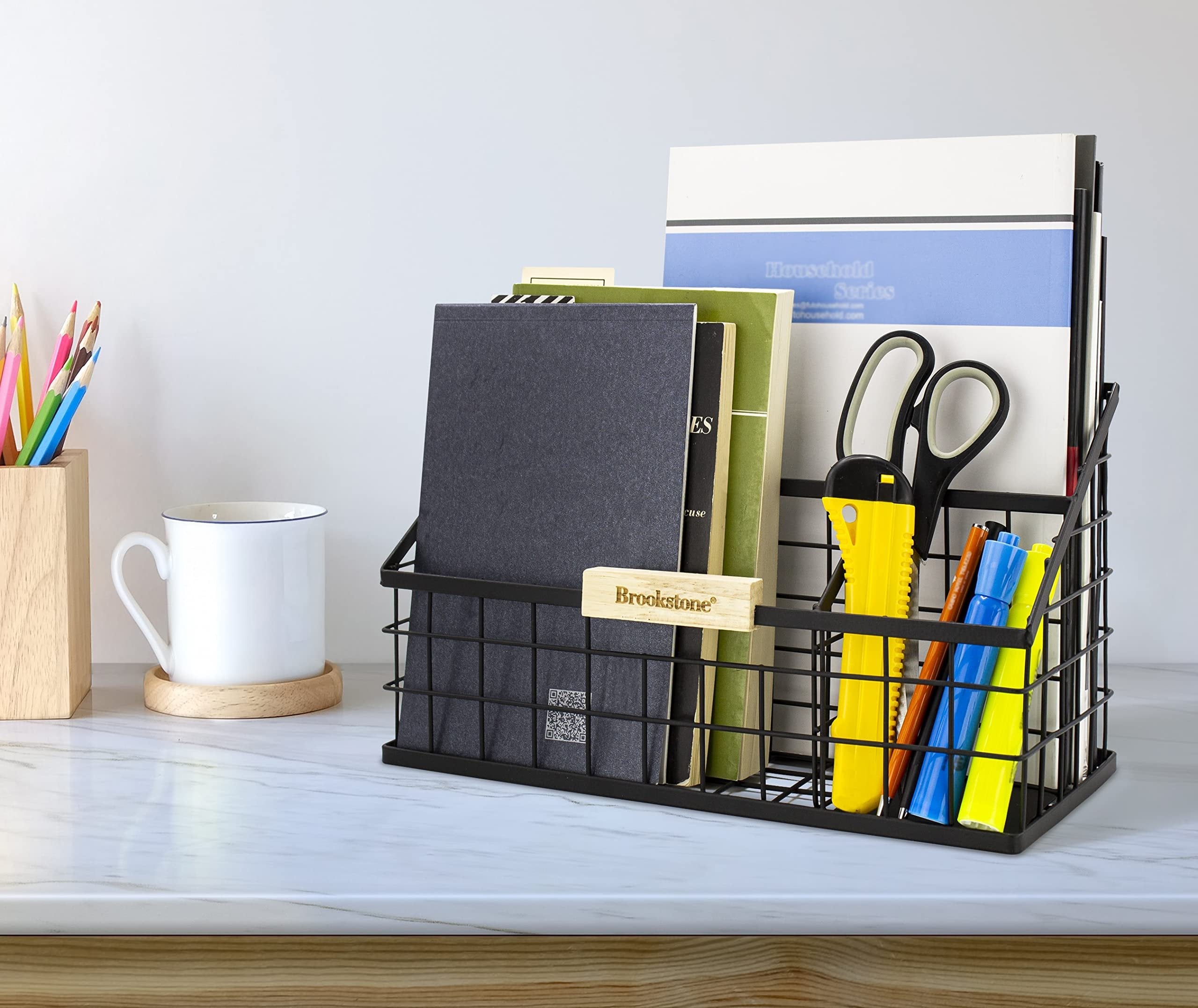 Brookstone BKH8002, Desk Organizer, Sectional Office Pen Caddy, Stockholm Desktop Collection, Black Finish Steel Pencil Holder